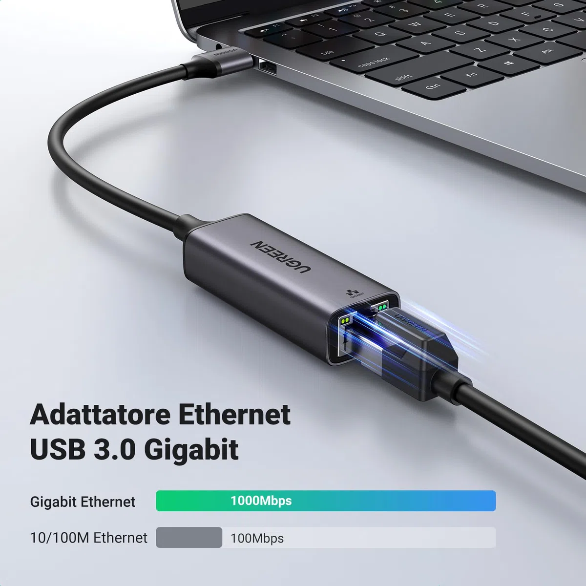 UGREEN Adattatore Ethernet USB 3.0 Gigabit 1000 Mbps Convertitore Lan RJ45 in Alluminio Compatibile con Switch Windows Mac OS Linux Mi Box