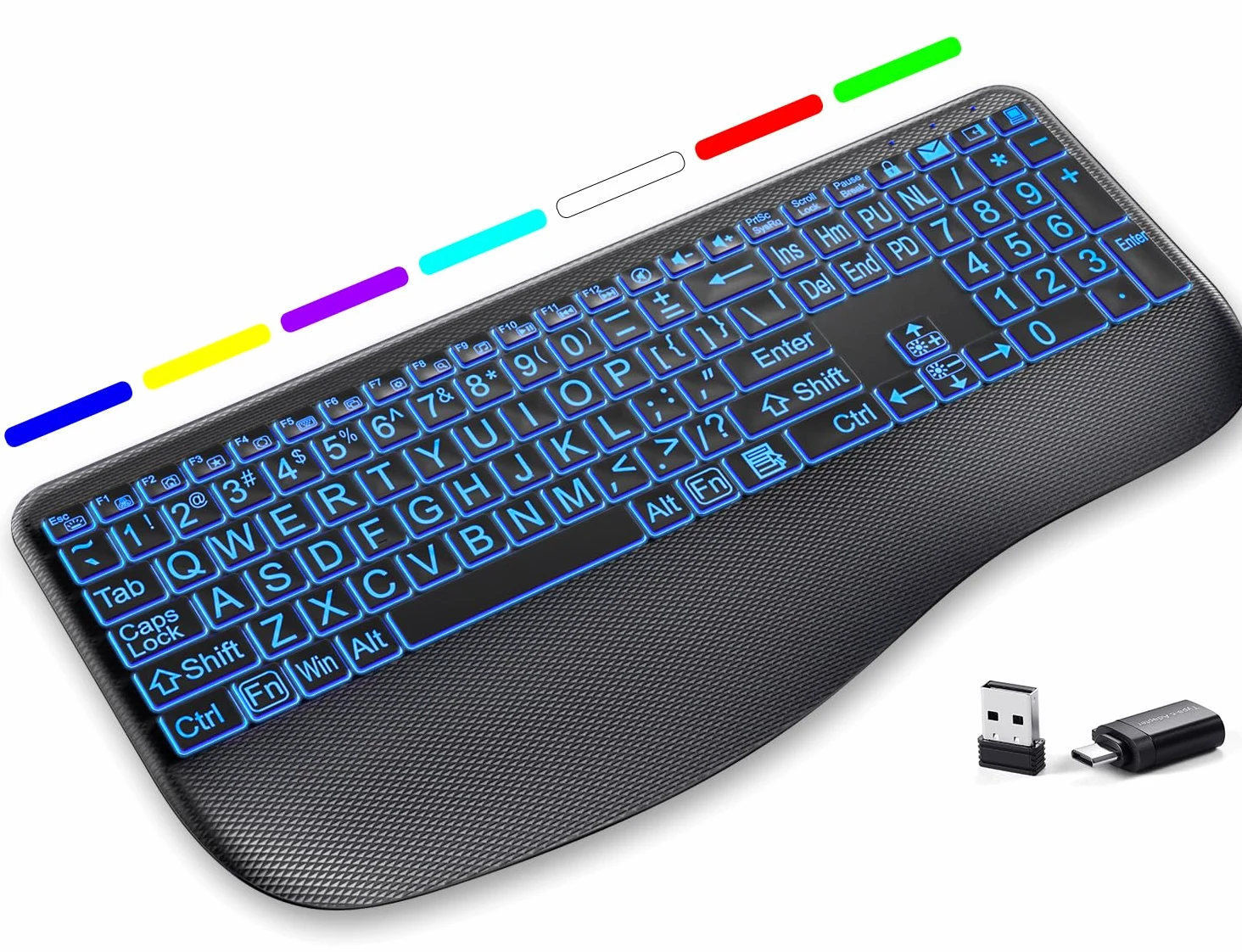 Tastiera wireless retroilluminata con stampa grande, tastiere silenziose con poggiapolsi, illuminazione a 7 colori, tasti silenziosi a basso profilo, tastiera wireless ricaricabile da 2,4 G per