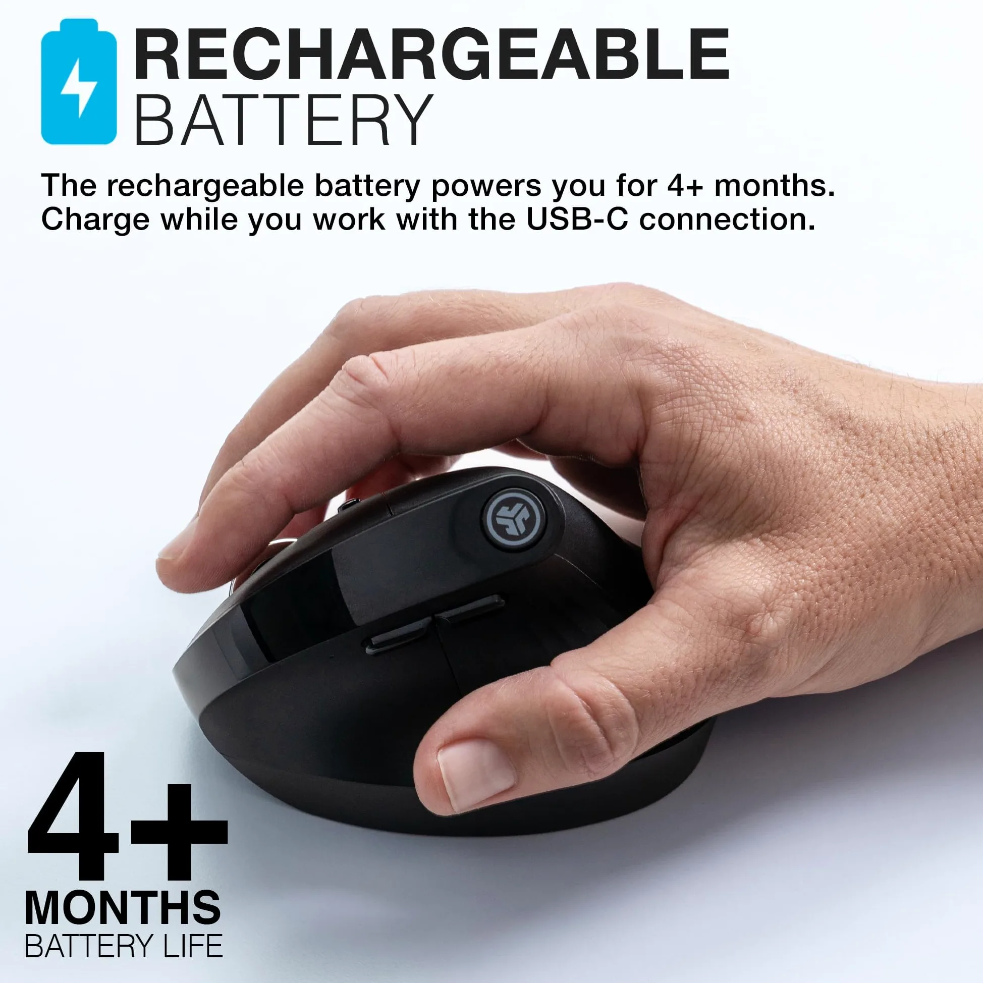 JLab JBuds Ergo Mouse Wireless Ricaricabile Silent - Ergonomico | Collegati Tramite Ricevitore Bluetooth o USB, Multidispositivo, per Computer Portatile, Desktop PC, Tablet, Windows/Mac