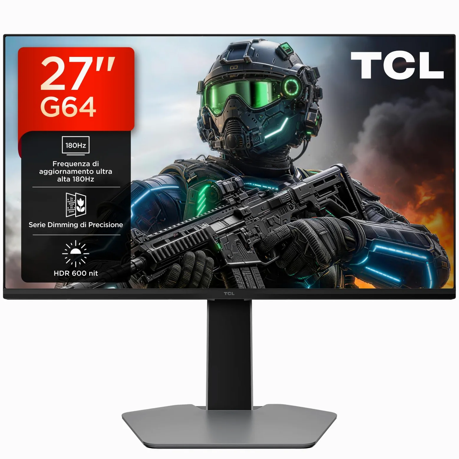 TCL 27G64 Gaming Monitor LED QD Mini da 27 polliciitem namerisoluzione QHD,180 Hz,parnello Fast HVA,HDR 600 nit, tempo dirisposta GTG di 1ms, compatibilità AMD Freesymc, G-Sync