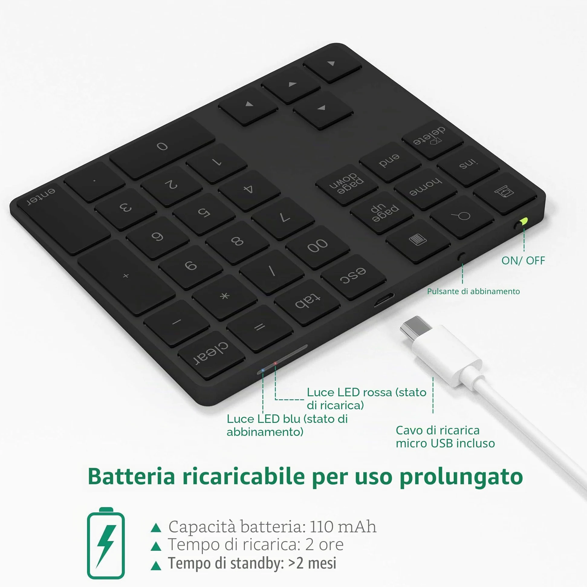 Tastierino Numerico Bluetooth, Wireless Bluetooth con più Scorciatoie Tastiera 34 Tasti Portatile Sottile per iP ad/M ac/Laptop/PC Compatibile con Windows Android iOS System