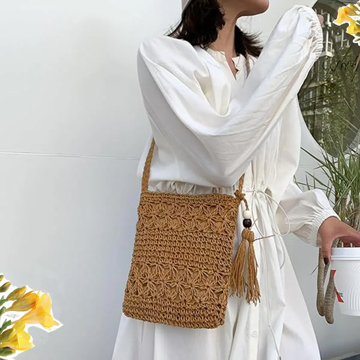 Moda Classica Pochette Donna, Borsa Mare Paglia in Stile BohéMien, Tracolla Retrò con Nappe E Cerniera per Incontri, Gita in Spiaggia (Marrone)