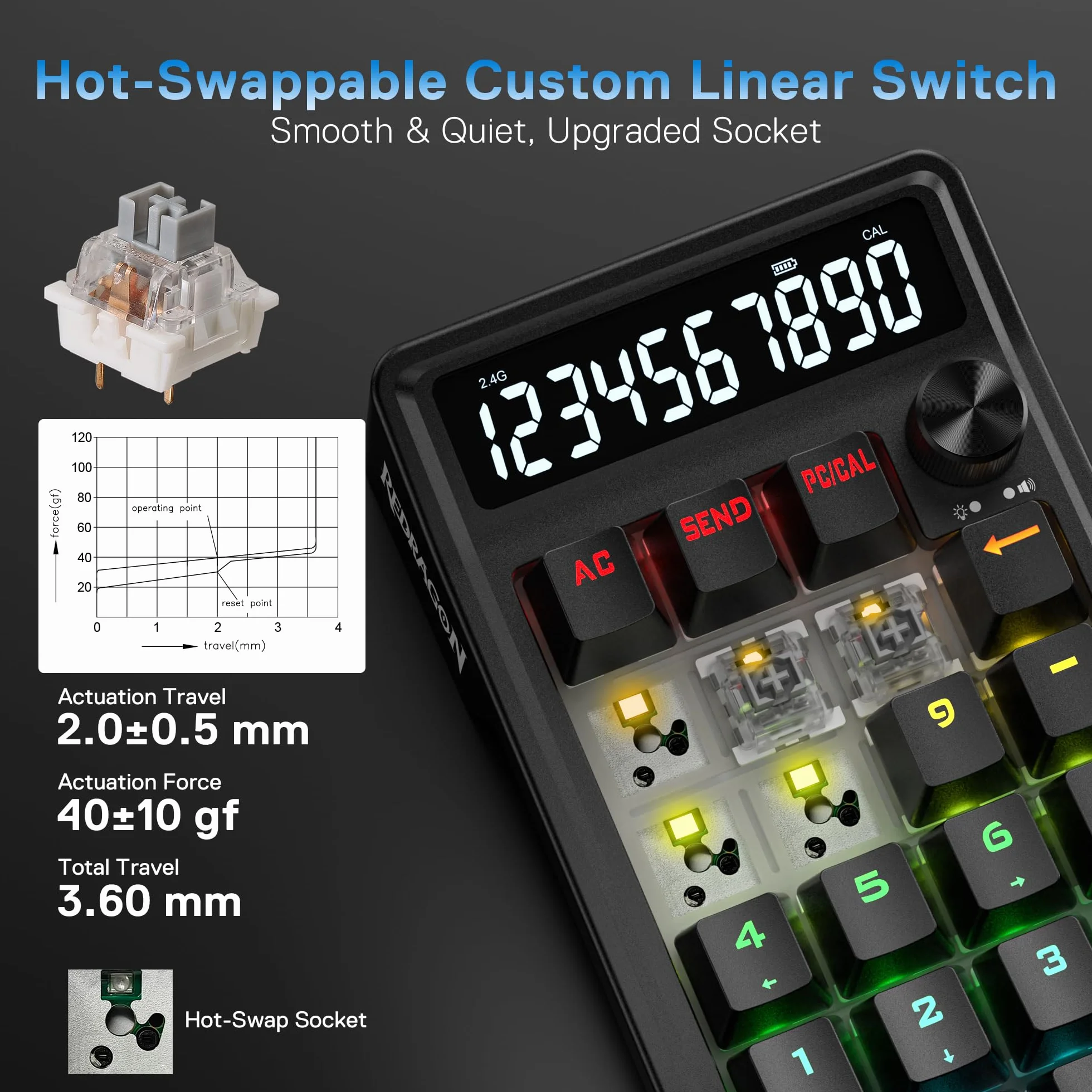 Redragon K733 PRO - Cuscinetto numerico RGB con guarnizione wireless, tastierino numerico meccanico a 22 tasti w/PC e modalità di calcolo, display calcolatrice a 10 cifre, controllo manopola