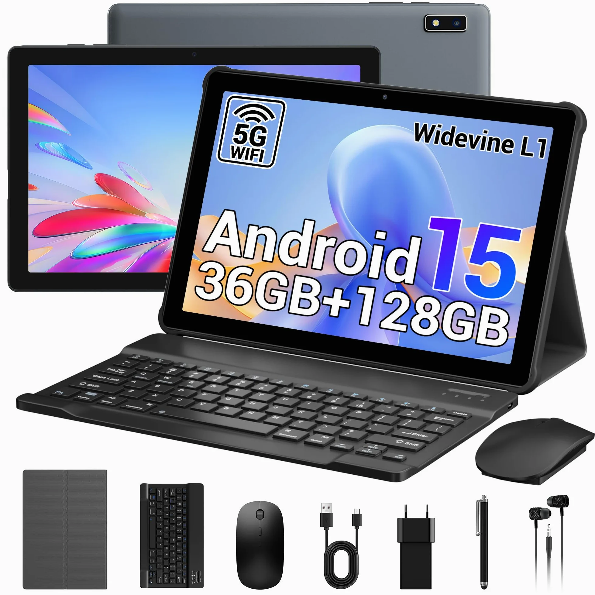 Tablet 10 pollici Android 15, Tablet in offerta con 5G wifi Octa-Core 2.0GHz, 36GB RAM, 128GB ROM (TF 1TB), 8000mAh, Camera 5+8MP, Tablet con tastiera|Mouse|Custodia|auricolari-grigio