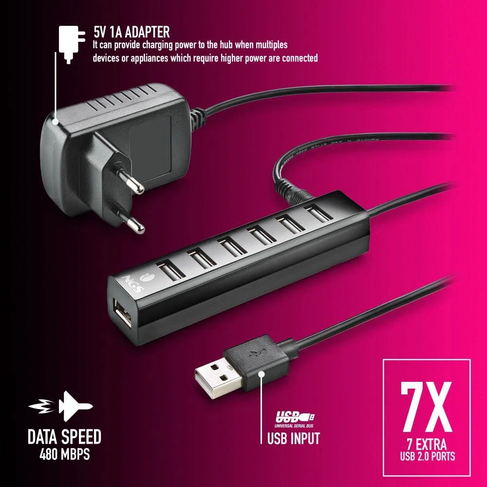 NGS IHUB7 TINY - Hub USB 2.0 con 7 Porte e Adattatore di Alimentazione da 5V/1A, Compatibilità Universale, "Plug and Play"