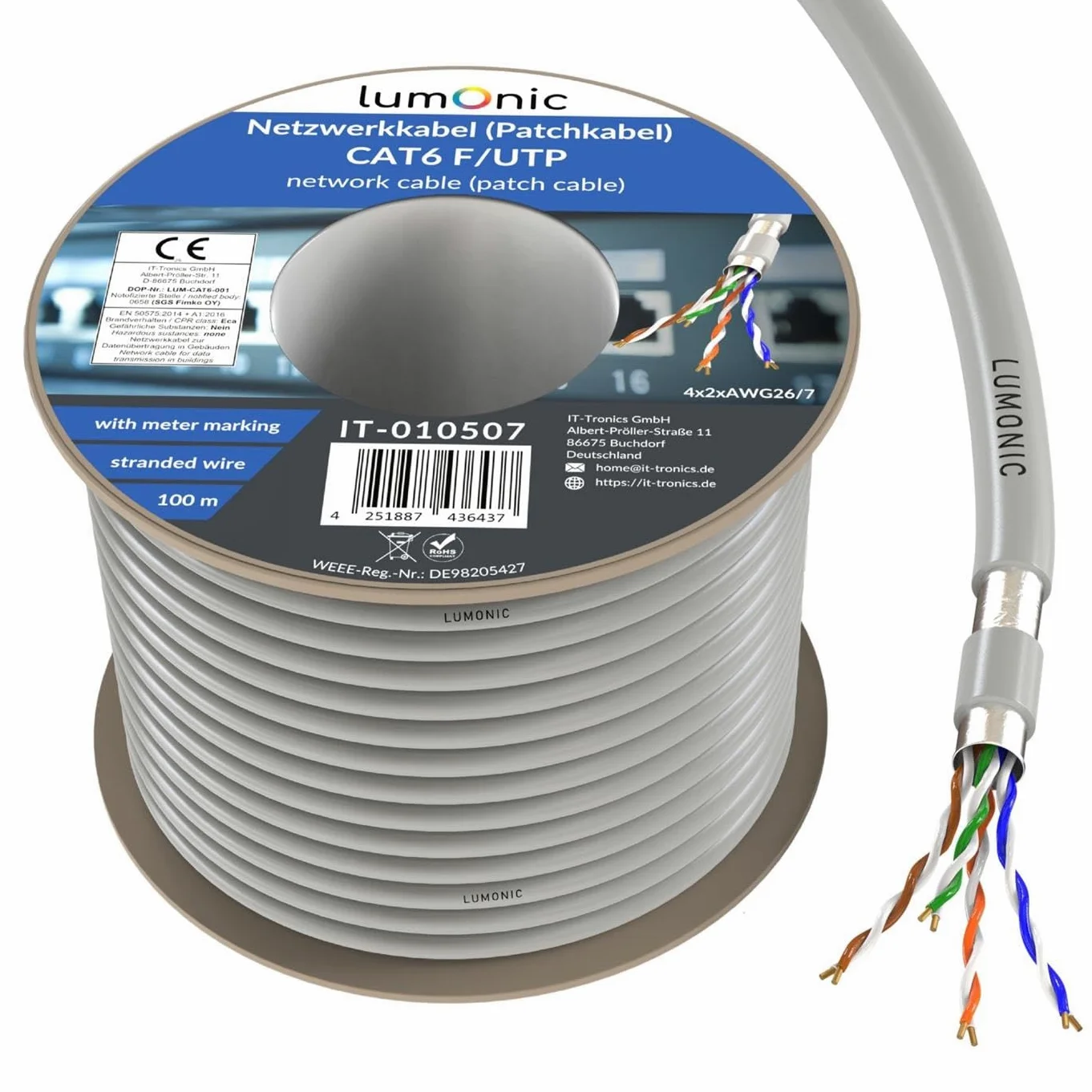 Lumonic LAN Cavo di rete 100m | LAN Cavo CAT6 F/UTP | Cavo Patch 4x 2x AWG26/7 (incagliato) | 250MHz 10 Gbit/s Ethernet