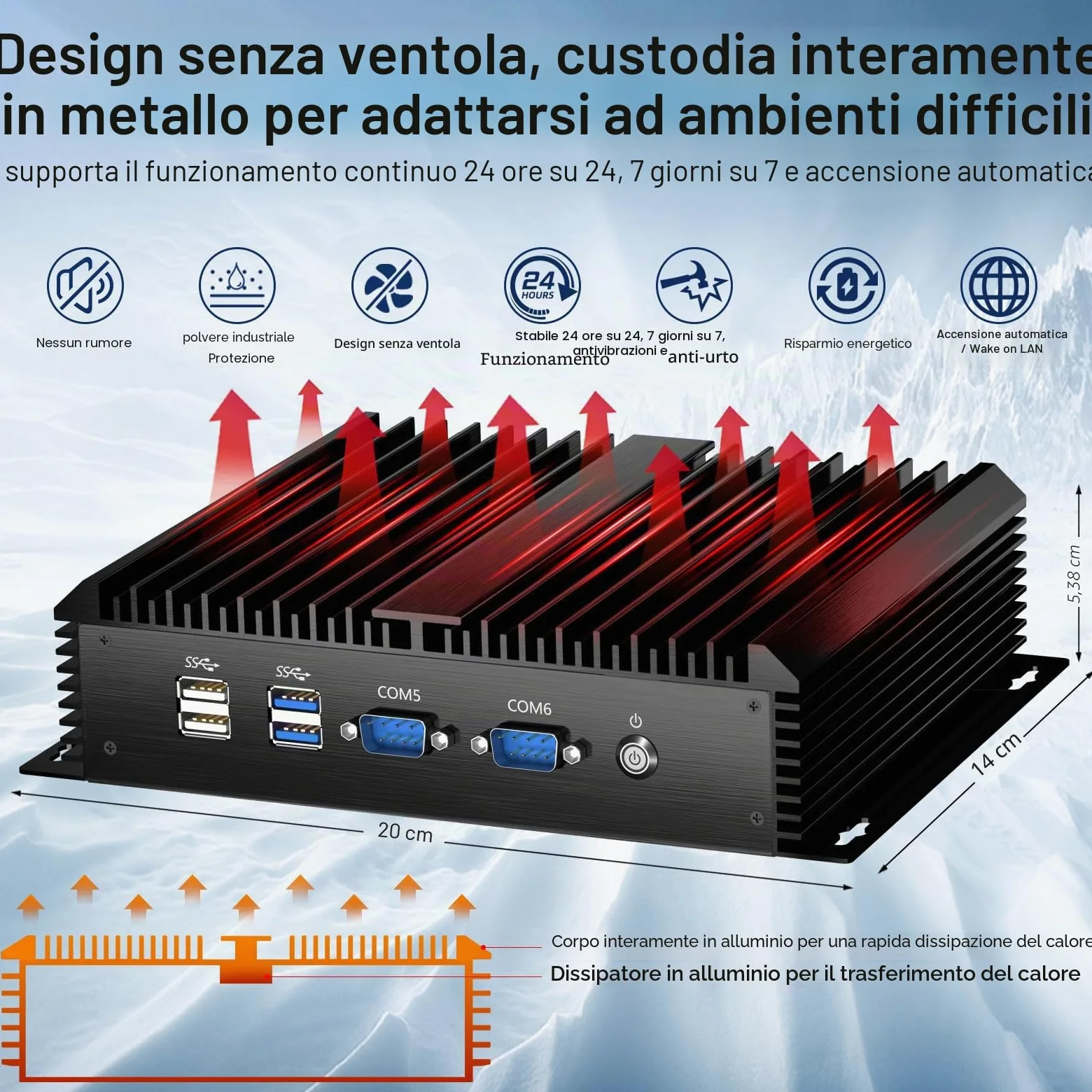 Mini PC Industriale, Computer Desktop Senza Ventola Core i7-5500U 2,4-3,0GHz, Windows 10 Pro, 16G RAM, 512G SSD, Doppia LAN, 6xCOM RS232, Modulo 4G, Porte HDMI/VGA, Accensione Automatica