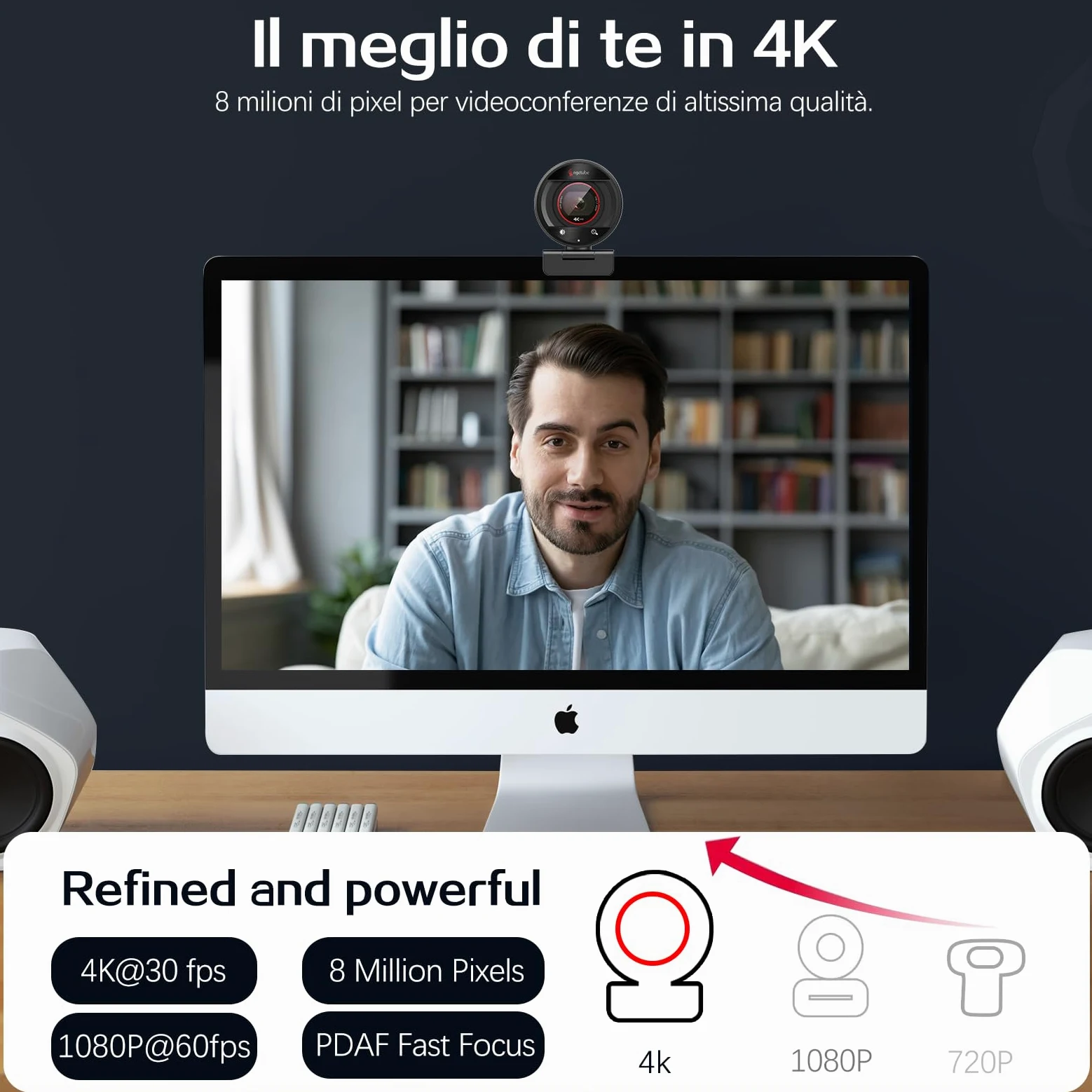 Angetube Webcam 4K per PC, Videocamera Streaming 1080P@60FPS con Autofocus PDAF, AI Noise Cancelling Mics, Zoom 8x, Webcam USB con Copertura Privacy per Laptop/Mac, Compatibile con Zoom, Teams, OBS