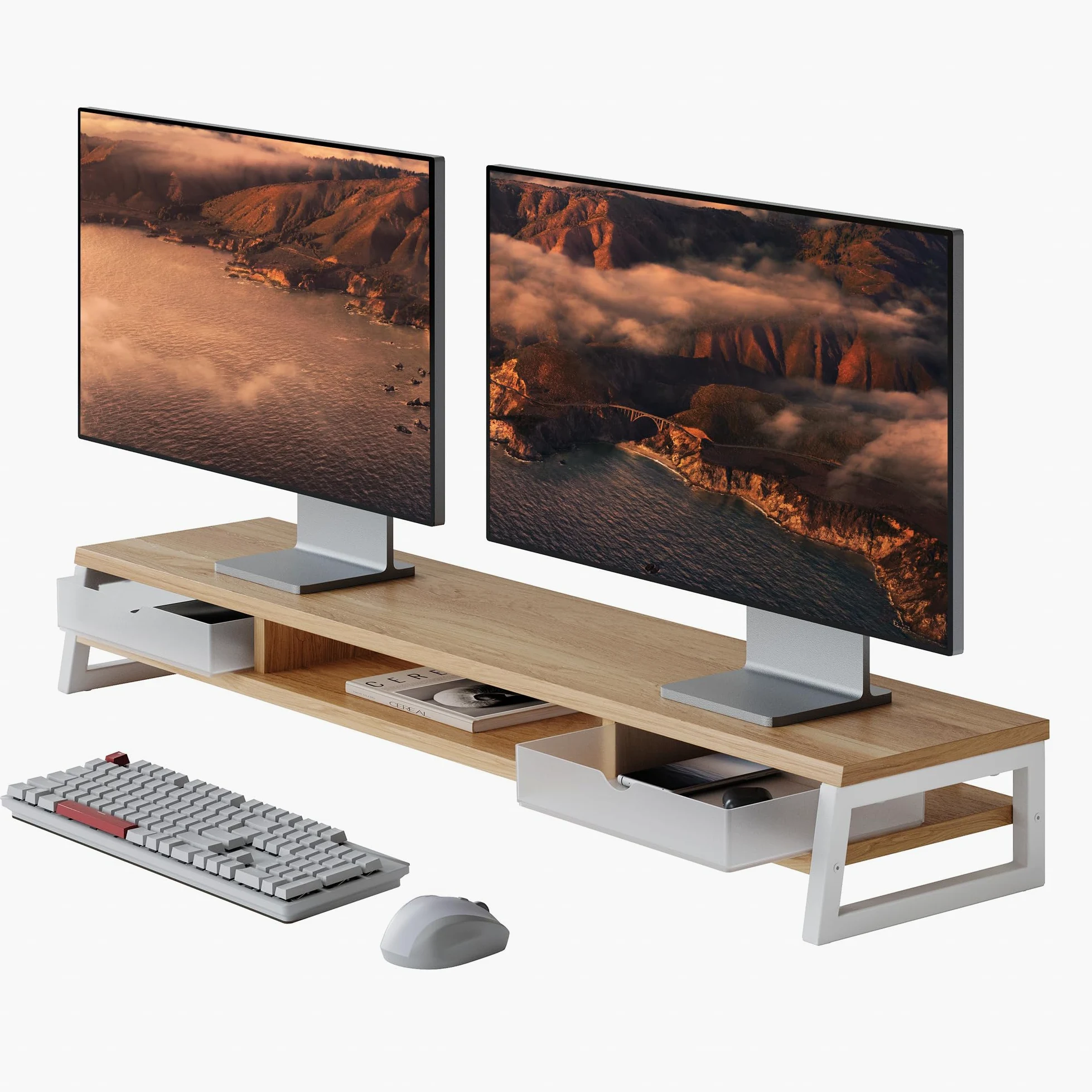 Fenge Supporto doppio per monitor con 2 cassetti in acrilico, 2 ripiani, 108 cm, per PC, laptop, fax, stampante, TV, portata 45 kg (rovere scuro)