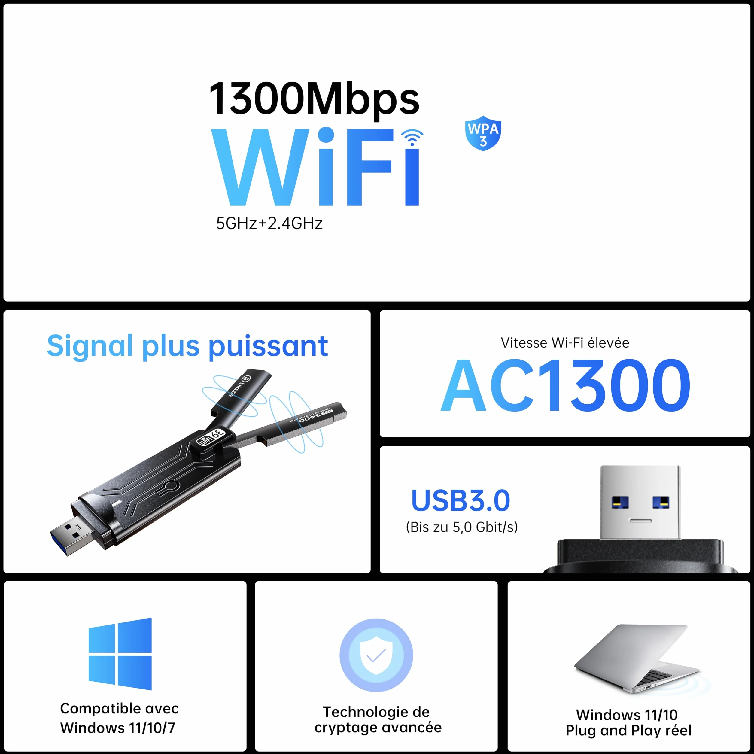 Adattatore Wireless WiFi 6E 5400 Mbps USB 3.0 - Adattatore WiFi dual band gaming per PC e laptop, scheda di rete WiFi 6E con antenna esterna (WiFi6E 5400 Mbit/s)
