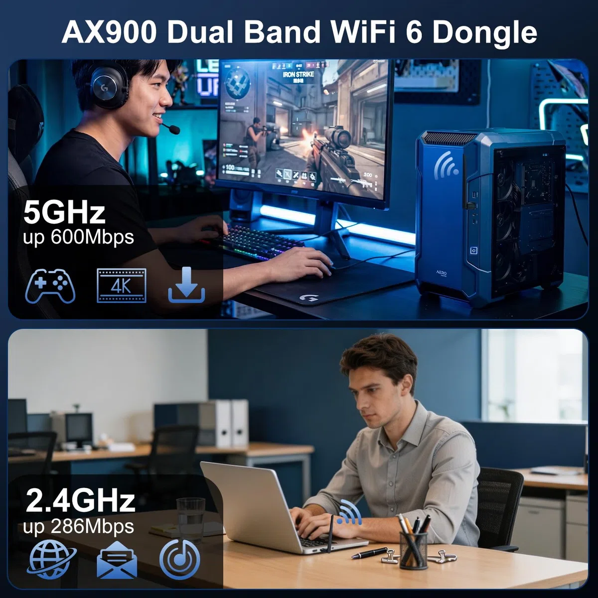 2 in 1 WLAN Stick AX900 Bluetooth 5.4, WiFi 6 USB WLAN Stick, Dual Band 5GHz 600Mbit/s + 2.4G 286Mbit/s, MU-MIMO, WPA2, USB WiFi adattatore Bluetooth PC compatibile con Windows 11/10 Linux