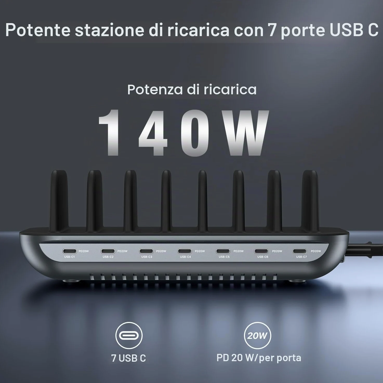 SooPii Stazione di ricarica USB C a 7 porte Premium da 140W per più dispositivi, ciascuna con ricarica rapida PD da 20W per telefono e tablet, 7 cavi misti inclusi, nero