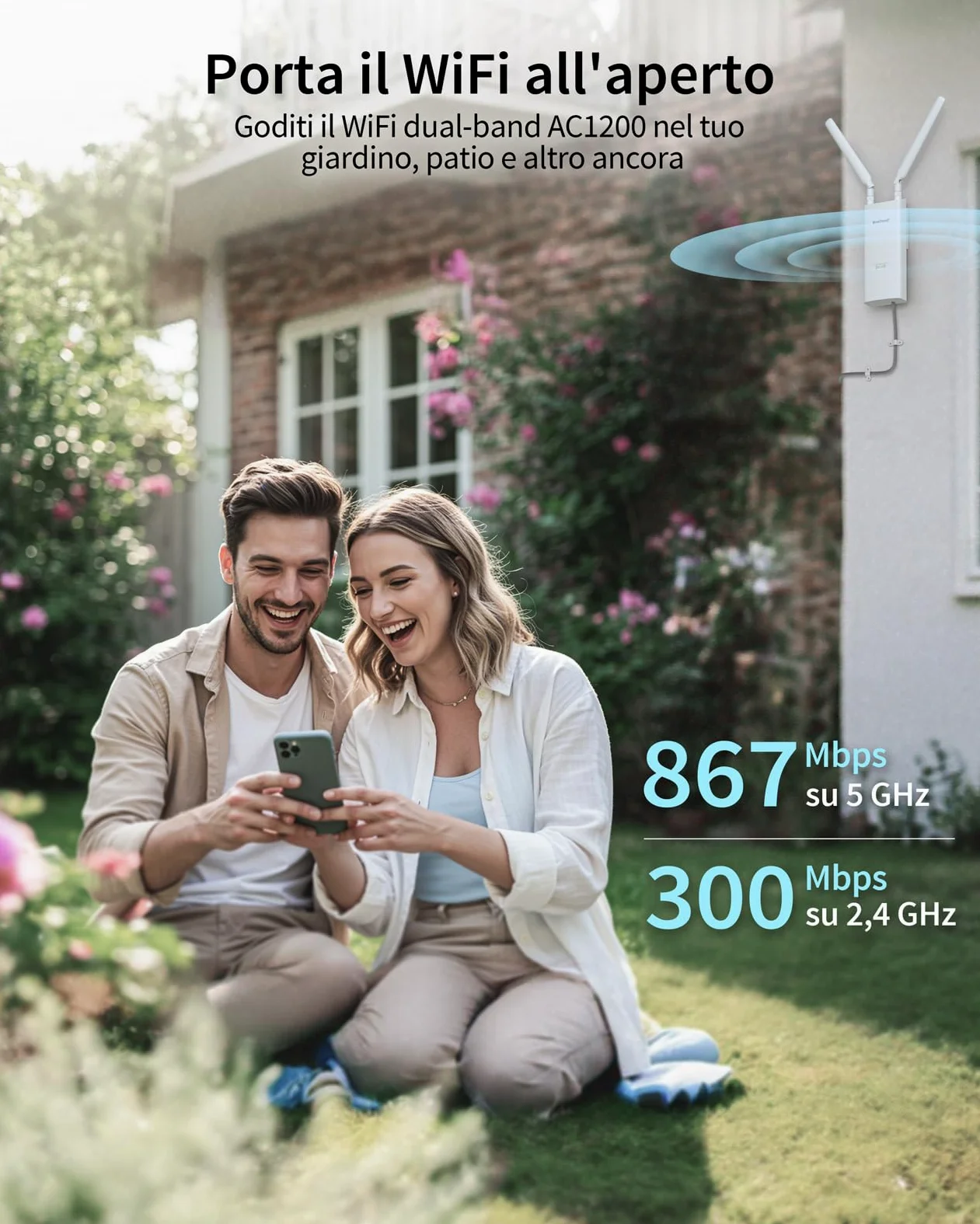 BrosTrend AC1200 Ripetitore WiFi Esterno Potente Lunga Portata, Dual Band 5GHz 867Mbps + 2.4GHz 300Mbps, Antenna WiFi Extender Esterno Supporta 802.3af PoE, IP65 Outdoor, con Adattatore PoE Passivo