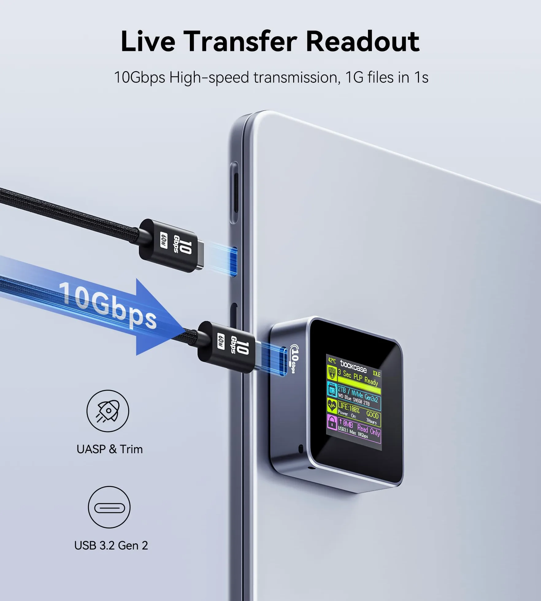 DOCKCASE Pocket M.2 NVMe Smart SSD Enclosure - Case SSD Power Loss Protection 3s, Rilevamento della salute dell'SSD, USB-C 3.2 (10Gbps) NVMe Case Supporta 2230 M.2 NVMe/PCle SSD fino a 2TB (Grigio)