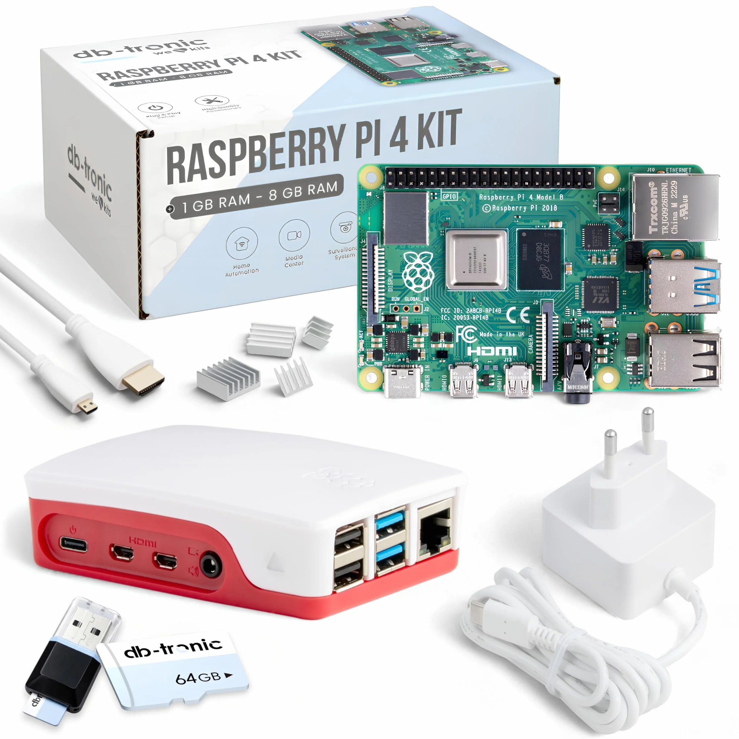 db-tronic Raspberry Pi 4 4 GB Starter Kit | Edizione da 64 GB | Alimentatore da 15 W | Alloggiamento | Cavo Micro HDMI 4K | Dissipatori | ideale per Home Assistant e la smart home