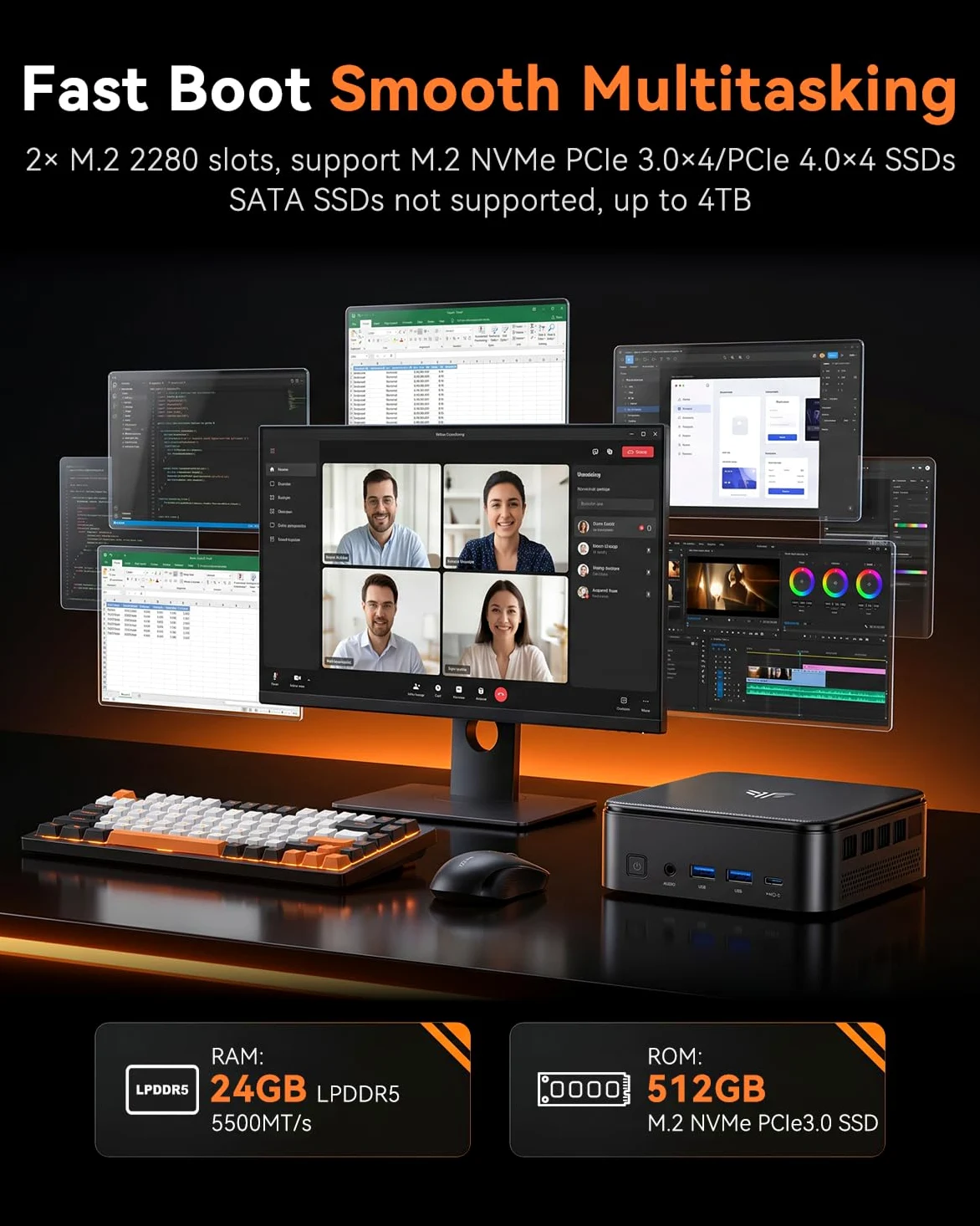 NiPoGi E3B Mini PC АMD Ryzen 7 7735HS W-11 Pro(8C/16T, fino a 4,75 GHz),24GB LPDDR5 5500 MT/s 512GB M.2 NVMe SSD Mini Computer,4K Triplo Display DP+HDMI+Type-C,WiFi 6/BT5.2/LAN per Negocio/Oficina
