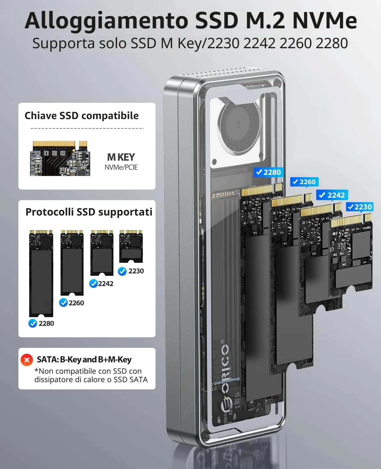 ORICO 40Gbps Case SSD M2 NVMe, Adattatore SSD M.2 NVMe USB Con Ventilatore Incorporato, Compatibile Thunderbolt 3/4 USB 3.2/3.1/3.0/2.0, Esterno Enclosure per M-Key SSD 2230/2242/2260/2280