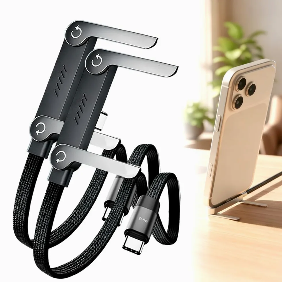 Cavo USB-C intrecciato a ricarica rapida con supporto per telefono integrato, cavo pieghevole a forma di T a 90 gradi, caricabatterie multifunzionale, lunghezza 1,5 m, design ad angolo retto