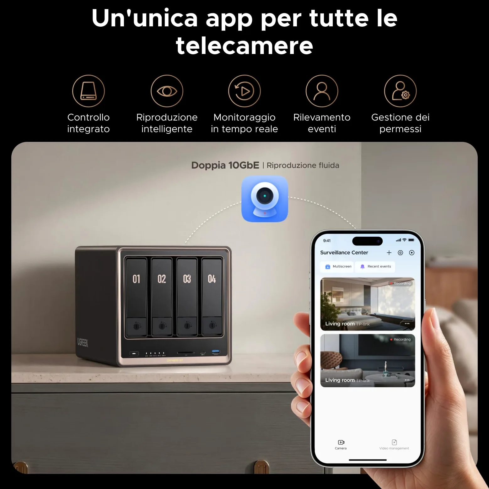 UGREEN NASync DXP4800GT NAS Desktop 4-Bay, AMD Ryzen R2514, Dual 10GbE, 8GB RAM DDR4 (fino a 64GB), supporto ECC, slot U.2 e M.2, per creator, team e casa (Diskless)