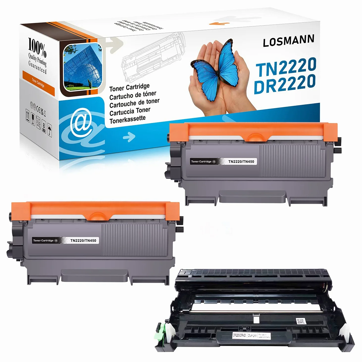 LOSMANN 2x Toner & 1x Tamburo compatibile per Brother TN2220 TN2010 DR2200 per Brother DCP-7055 DCP-7055W DCP-7057 DCP-7060D DCP-7060N DCP-7065DN DCP-7070DW FAX-2840 HL-2130 HL-2132 HL-2135W