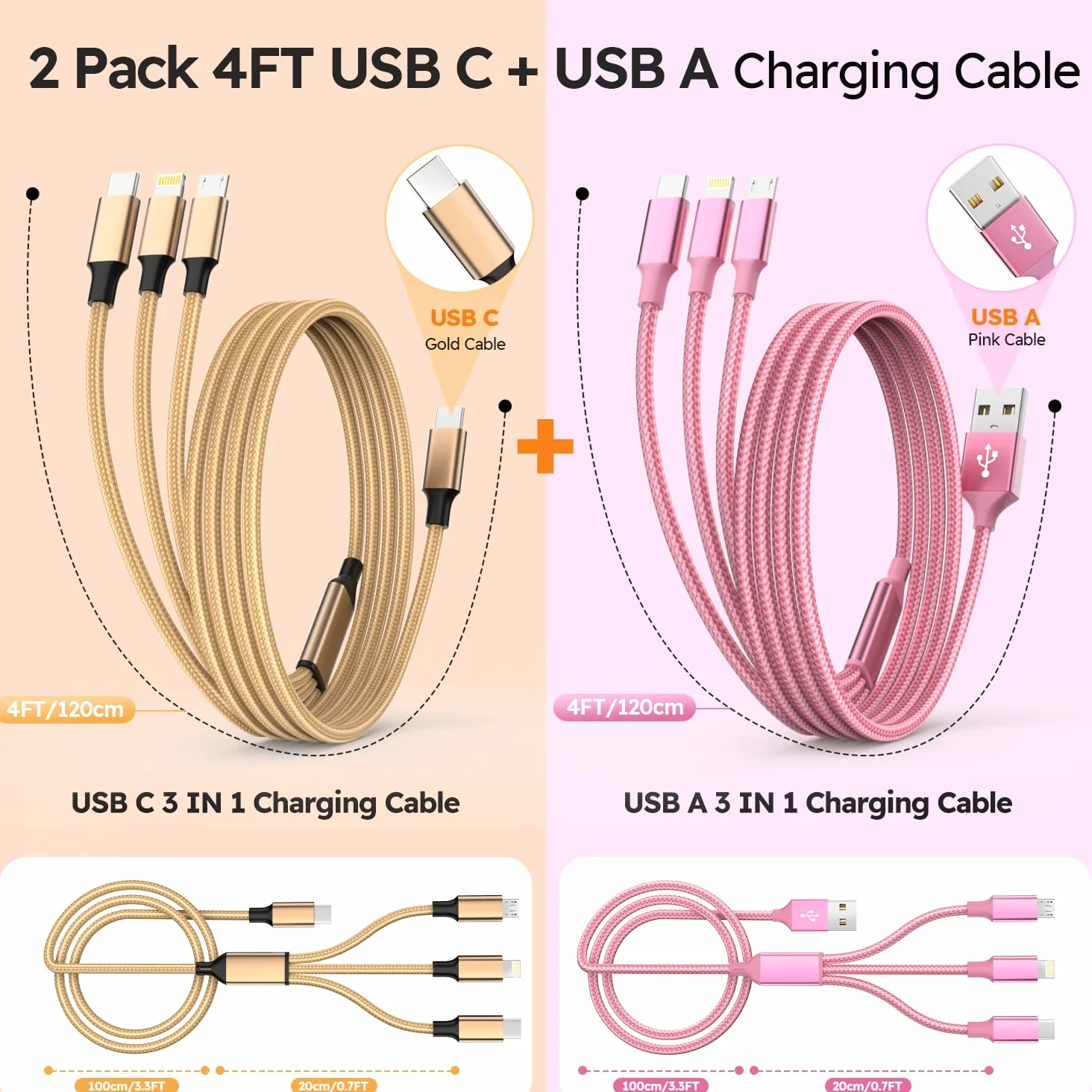 Cavo di ricarica USB 3 in 1, nylon intrecciato da 1,2 m, rosa e oro, confezione da 2