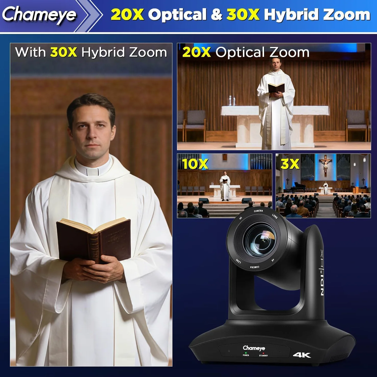 Chameye Telecamera PTZ 4K con NDI, Tracciamento AI-Automatico, Zoom Ottico 20X (Zoom ibrido 30x), Certificazione NDI HX, HDMI/USB 3.0/LAN, per Chiesa, Culto, Istruzione, Conferenze, Nero (C420T)