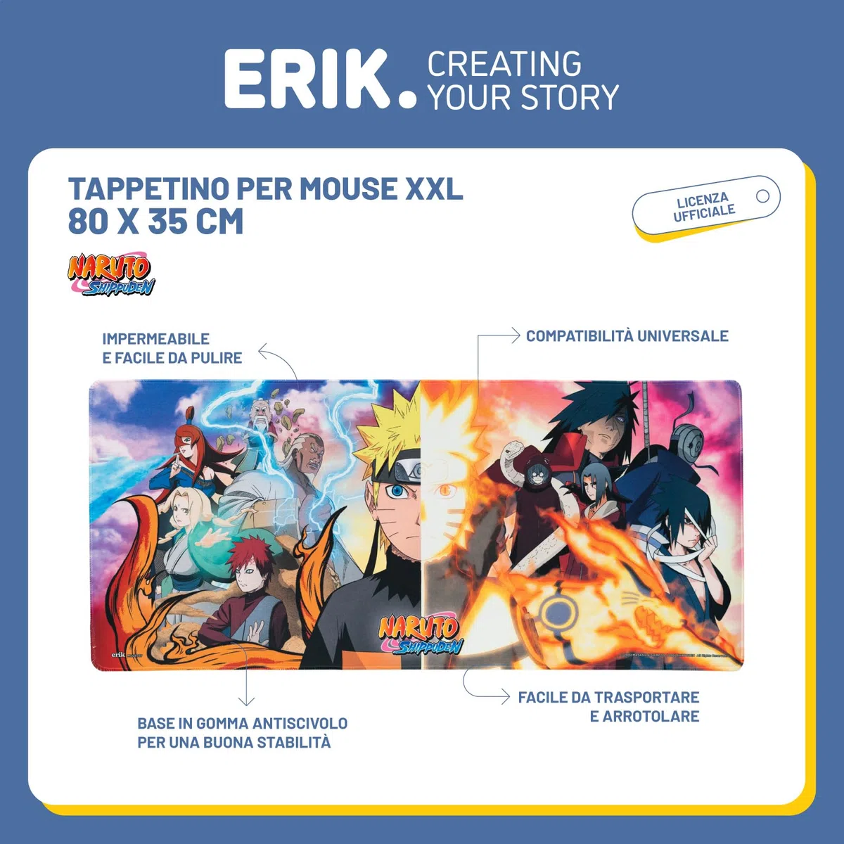 Grupo Erik Tappetino Mouse XXL Naruto Shippuden - Tappetino Scrivania Gaming PC, Impermeabile e Antiscivolo 80x35 cm | Accessori Gaming per Scrivania: Desk mat, Naruto Gadget