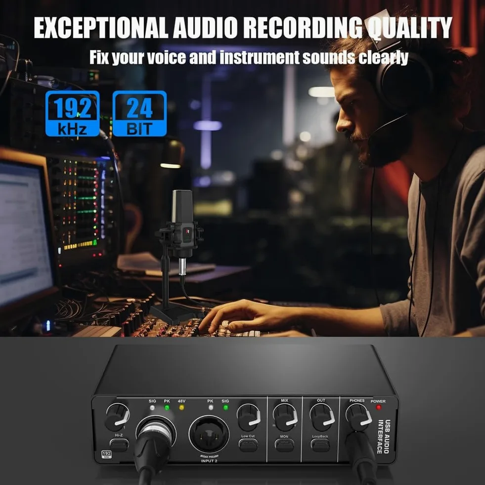 Malloy Interfaccia Audio USB, Interfaccia Audio 2 in 2 out con Alimentazione Phantom 48V per Registrazione, per Chitarrista, Cantante, Podcaster