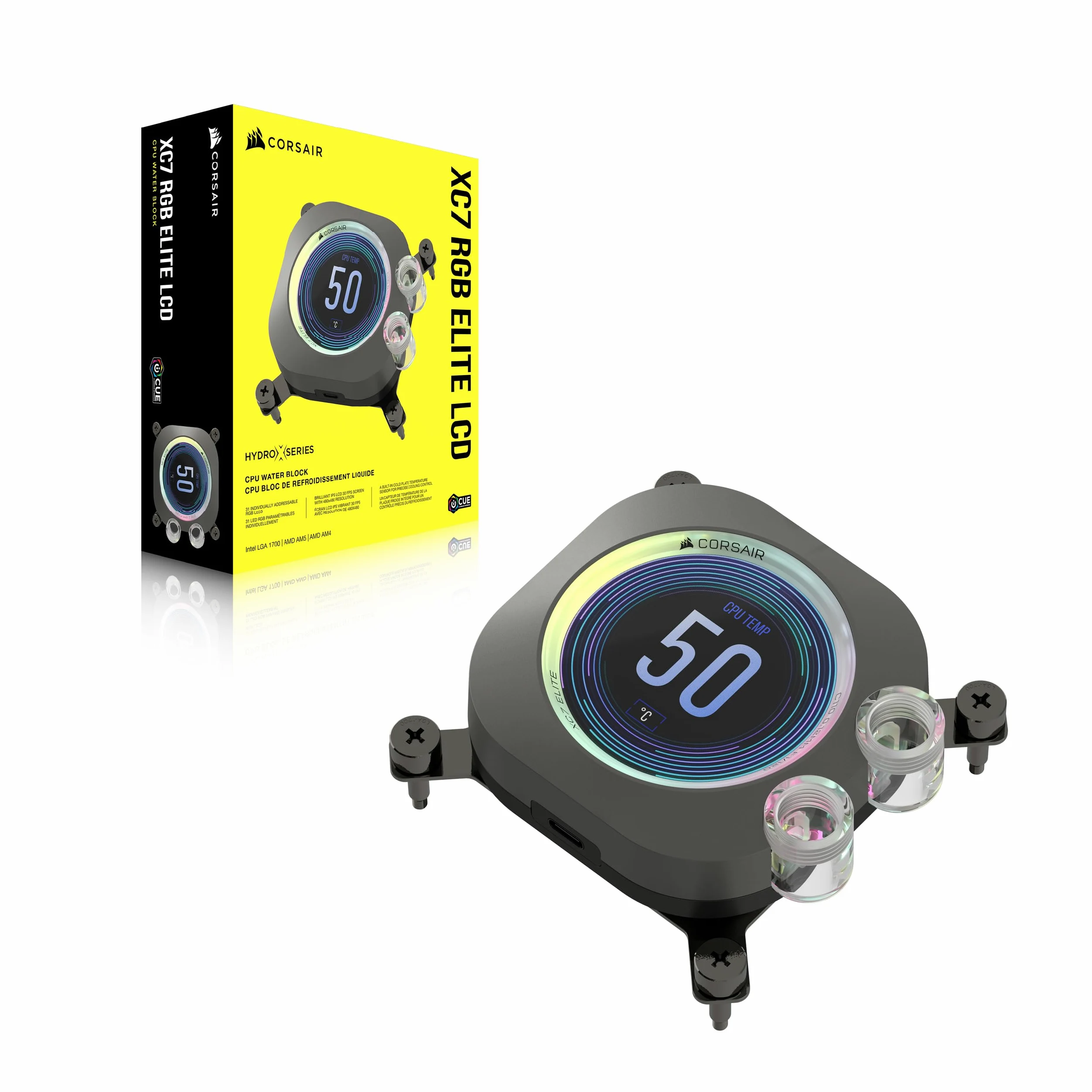 CORSAIR XC7 RGB ELITE LCD Waterblock per CPU - Schermo LCD IPS 480x480-31 LED RGB - USB-C - Adatto per Intel LGA 1700, AMD AM5 e precedenti - Grigio Invisibile