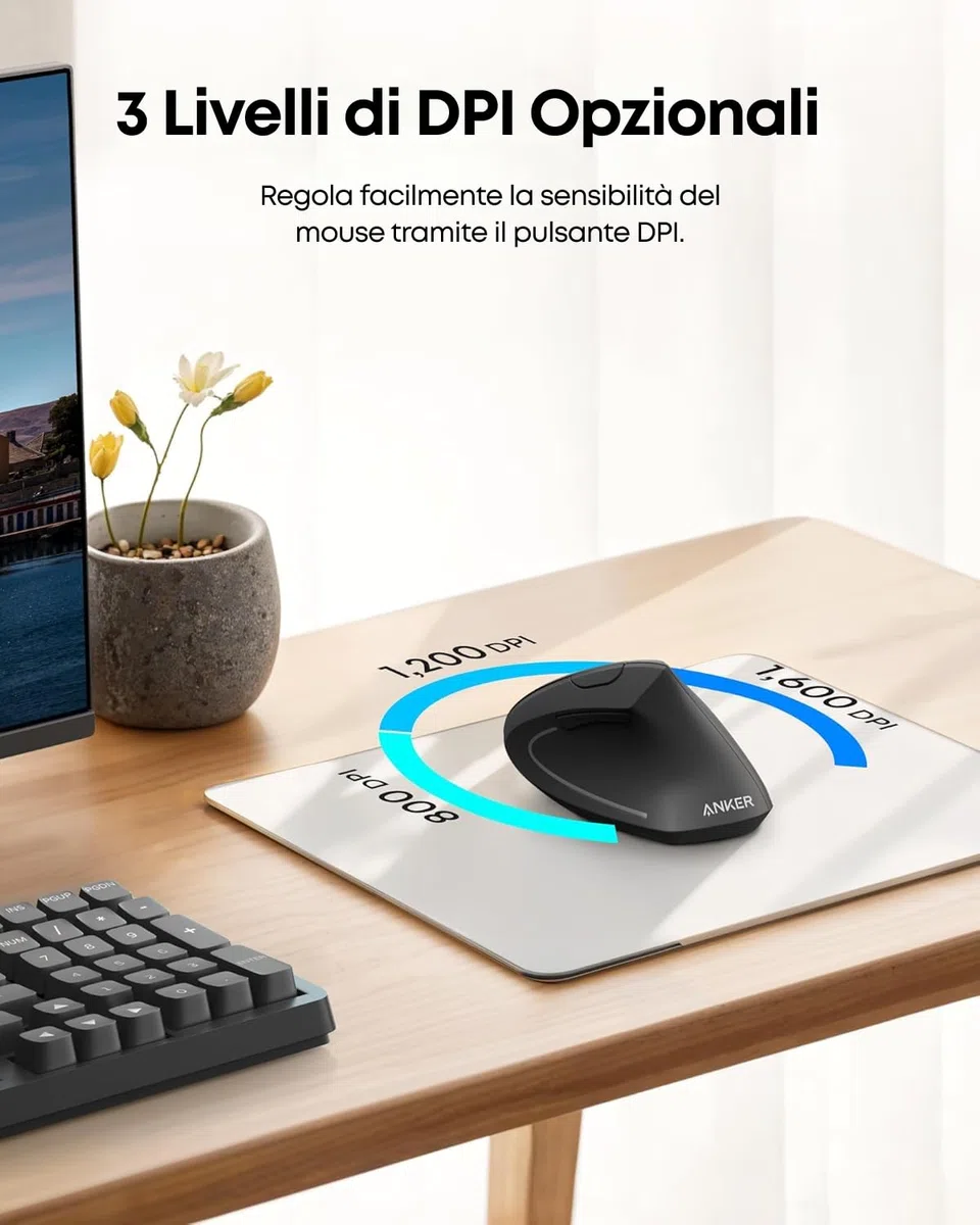 Anker Mouse Verticale Wireless - Mouse Senza Fili con Impugnatura Verticale e Design Ergonomico, Nero