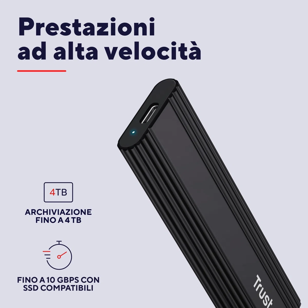 Trust Case SSD M.2 NVMe USB-C 10Gbps, Custodia Hard Disk Esterno 4TB, Compatibile con 2230 2242 2260 2280 FAT32/NTFS/EXT4/exFAT/APFS, Enclosure Portatile Adattatore SSD M2 NVMe USB M / M & B Key