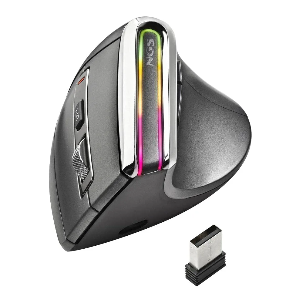 NGS EVO KARMA - Mouse Verticale Ergonomico Senza Fili, Ricaricabile, 5 Pulsanti Silenziosi+Scorrimento, Sensore ottico: 800/1200/1600/3200 DPI, 2.4GHz USB + Bluetooth 3.0 + Bluetooth 5.0, Plug&Play