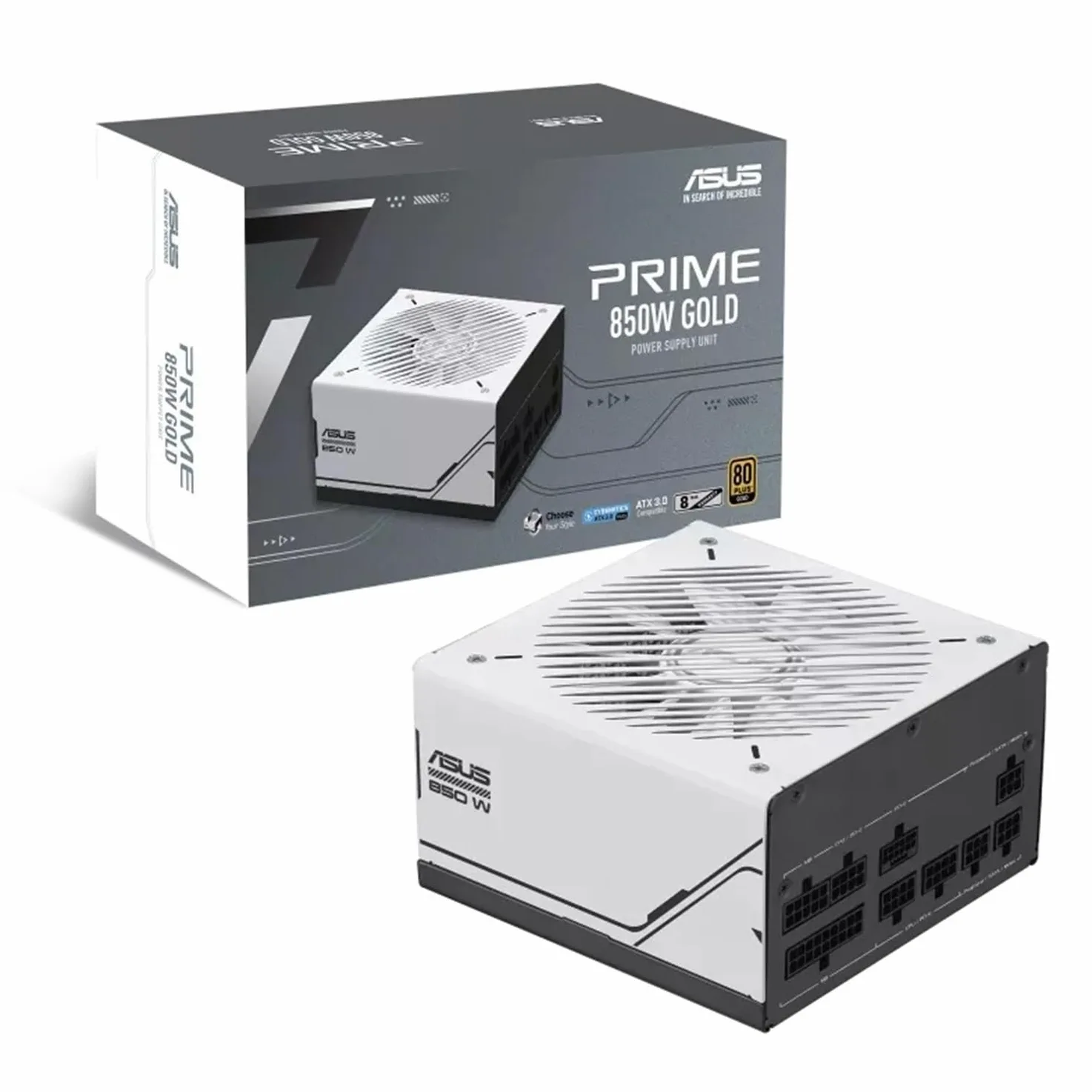 ASUS Prime 850W Gold, Alimentatore Modulare per PC, 850W di Potenza, PCle Gen 5.0, 80 Plus Gold, Standard ATX 3.0, Ventola con Doppio Cuscinetto a Sfera, Bianco, PRIME-850W-GOLD