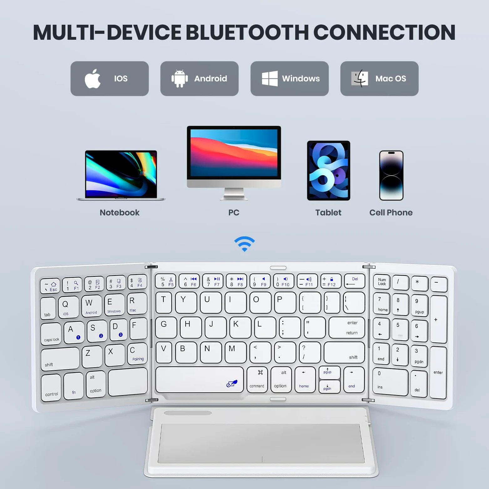 GEODMAER Tastiera Bluetooth pieghevole, portatile di dimensioni standard, tastiera pieghevole con grande touchpad, tastiera numerica, in pelle PU, tastiera da viaggio wireless per Windows, Android,