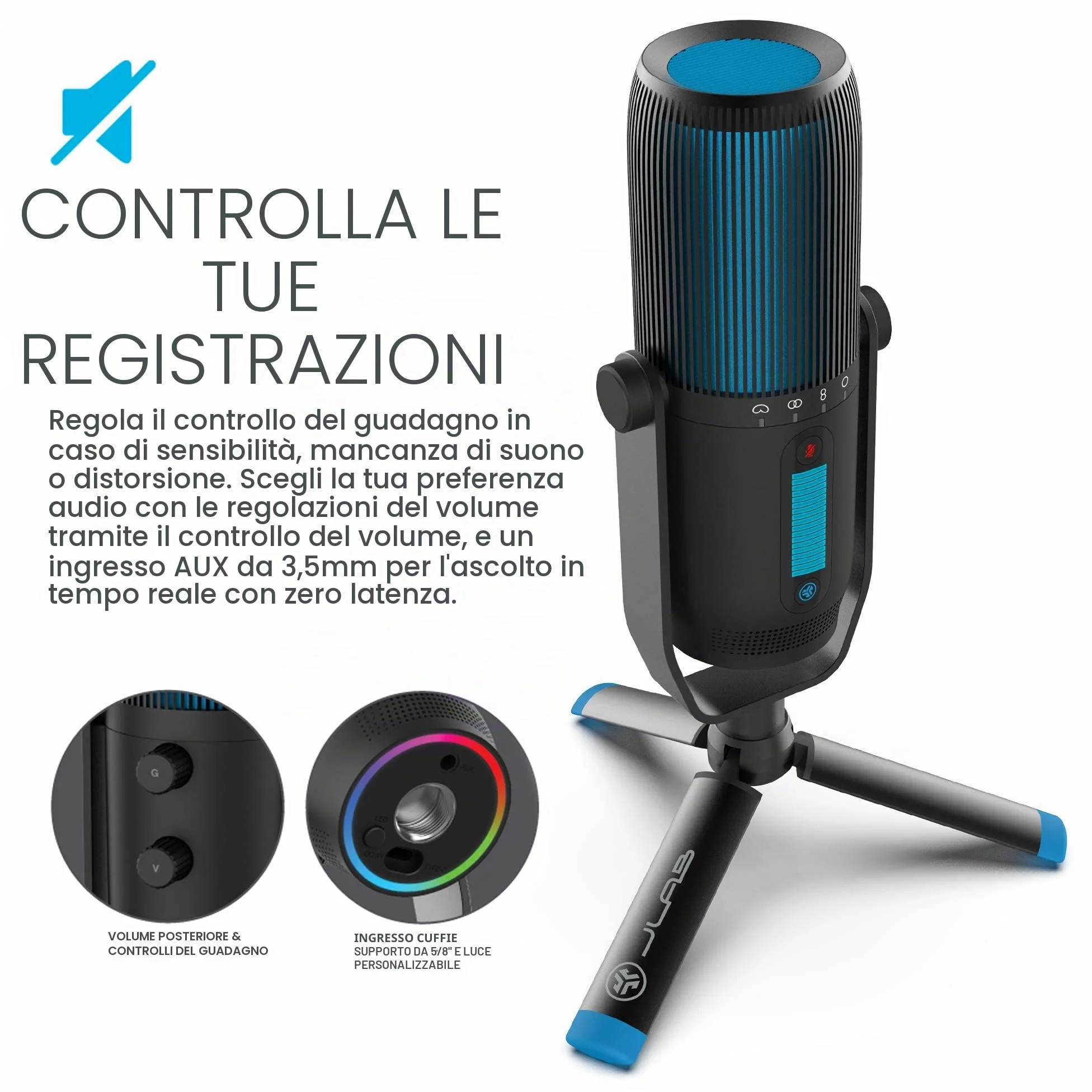 JLab Audio Talk PRO Microfono USB Plug and Play, Microfono per PC Portatile con Controllo Volume e Quick Mute - Microfono a Condensatore Professionale per Streaming, Podcasting e Gaming