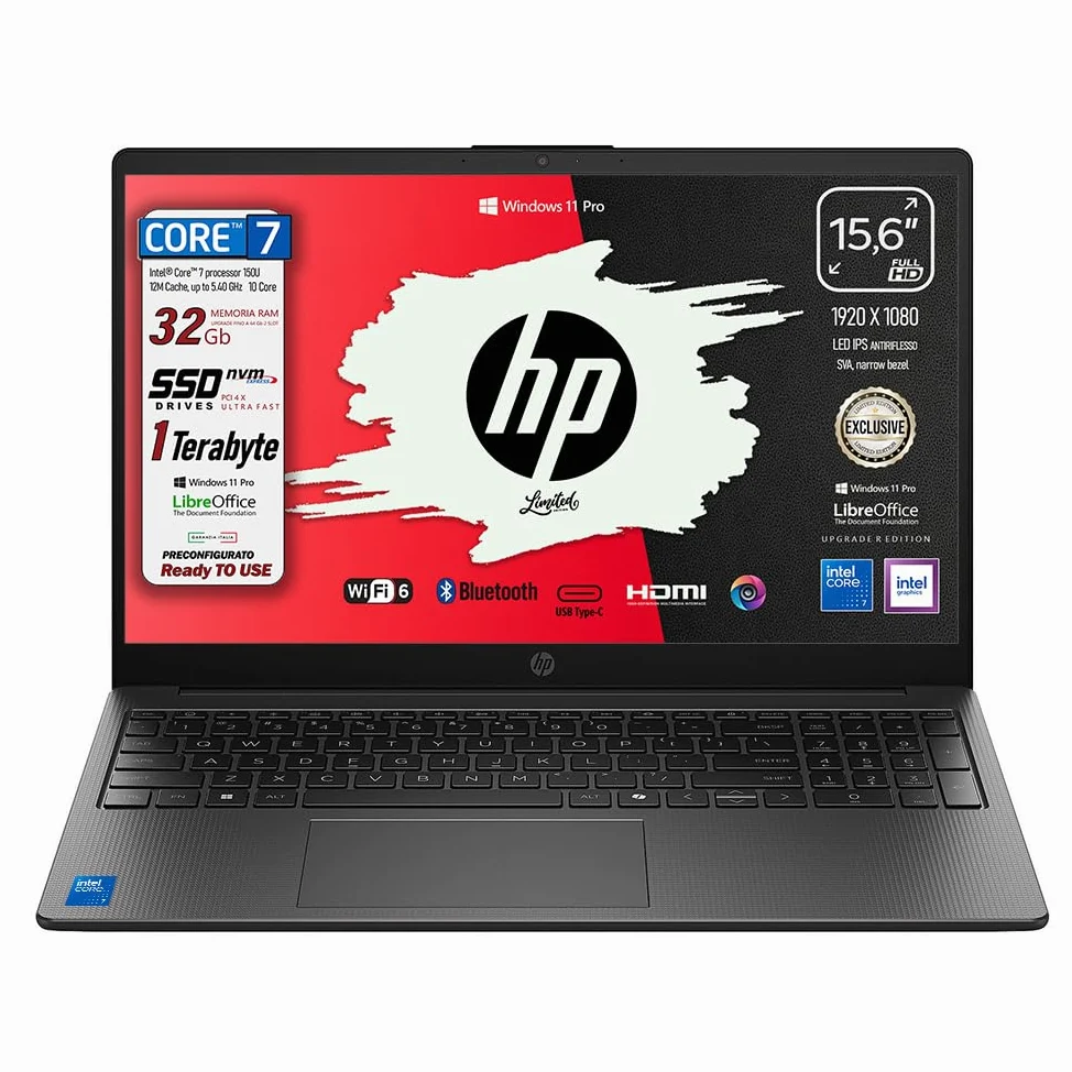HP 250R G10R Business Edition Notebook, Intel Core 7 150U fino a 5,4 GHz, 10 Core,Ram 32Gb, SSD Pci 1Tb, Display 15.6" FHD Antiriflesso, Win 11 Pro 64 Bit, USB Type-C, Ready to Use, Garanzia Italia