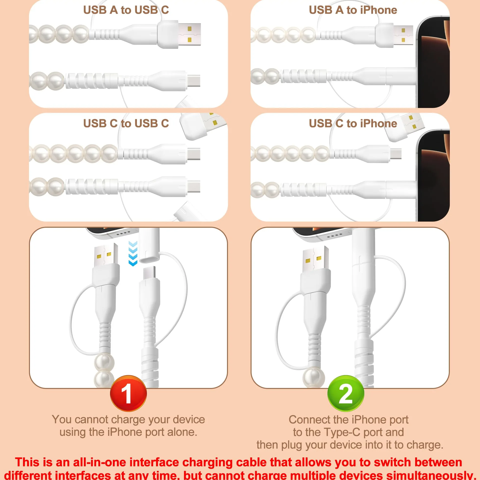 Cavo USB C 4 in 1 0,9 m con perline multi cavo di ricarica [certificato MFi] cavo di ricarica per iPhone perlato USB A/tipo C a tipo C/iPhone multi cavo di ricarica veloce per iPhone 16 15 14, per