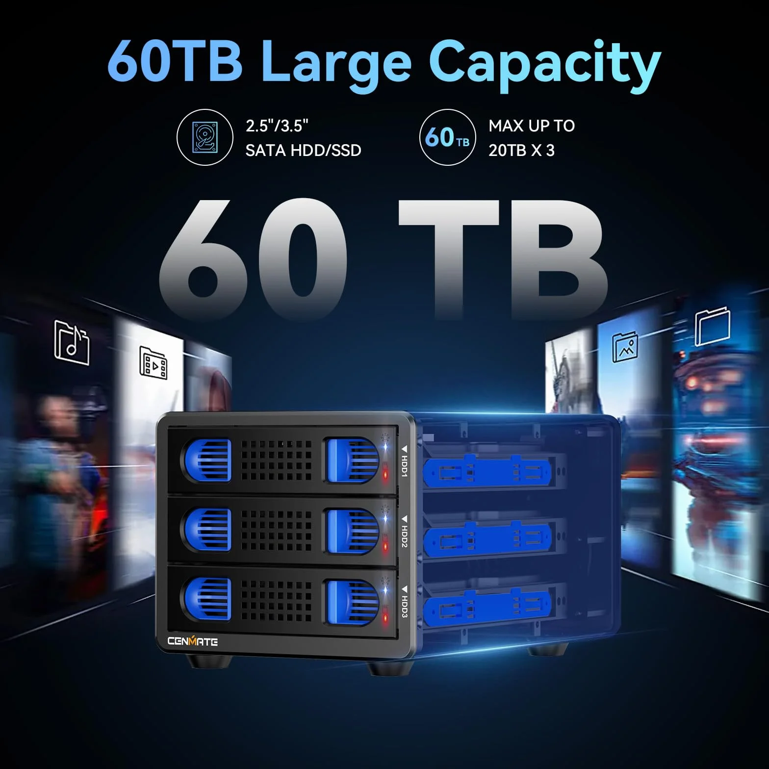 Alloggiamento Dischi Rigidi, Case 3 Bay Alluminio 10Gbps con Ventola per HDD/SSD SATA 2,5/3,5, Cavo USB A/C 3.2 con Sostituzione a Caldo, Alloggiamento HDD Senza Attrezzi, DAS (senza RAID/NAS)