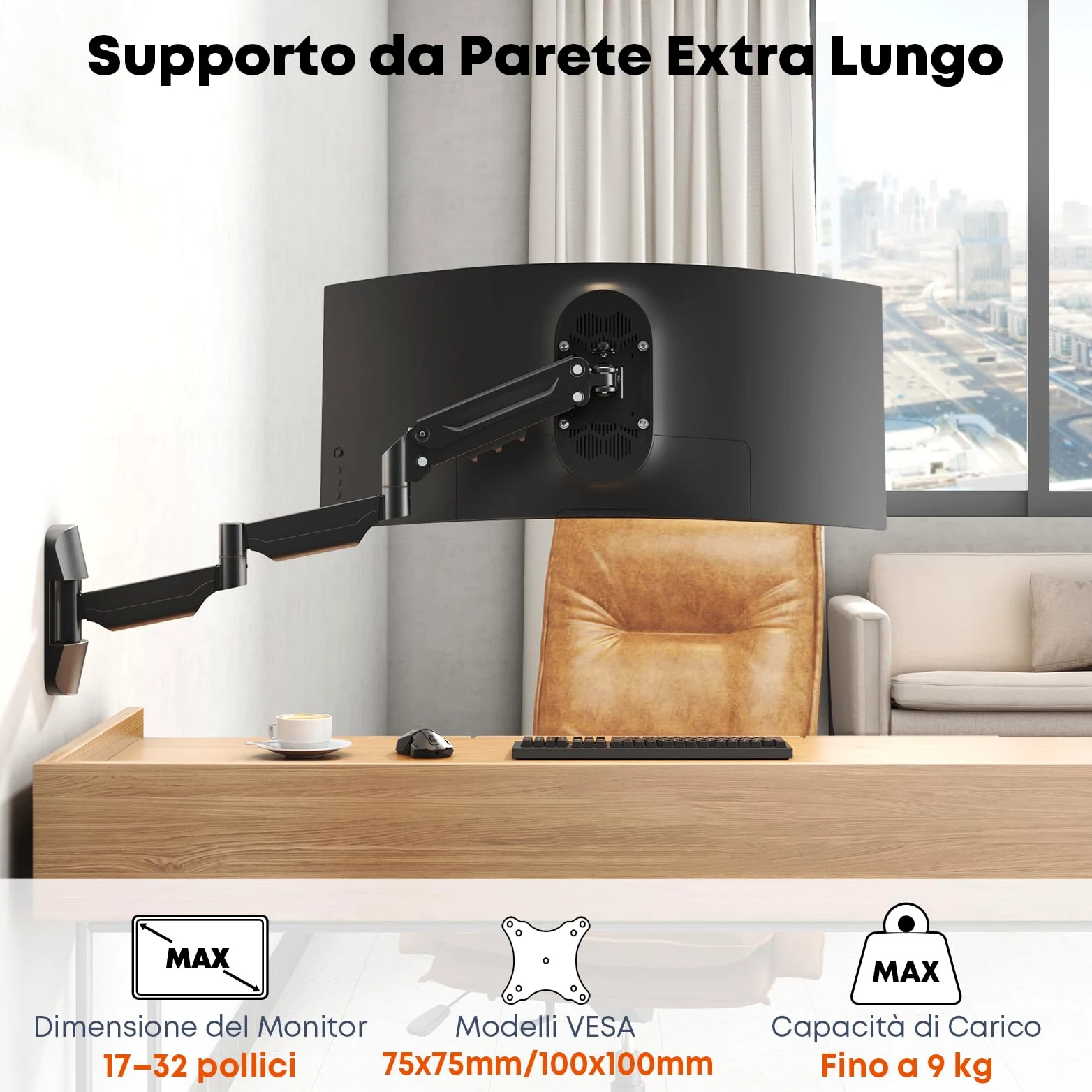 Braccio da Parete per Monitor 17-32 Pollici - Supporto Extra Lungo con Ammortizzatore a Gas Regolabile, per Schermi LED/LCD/TV fino a 9 kg, VESA 75/100, Nero