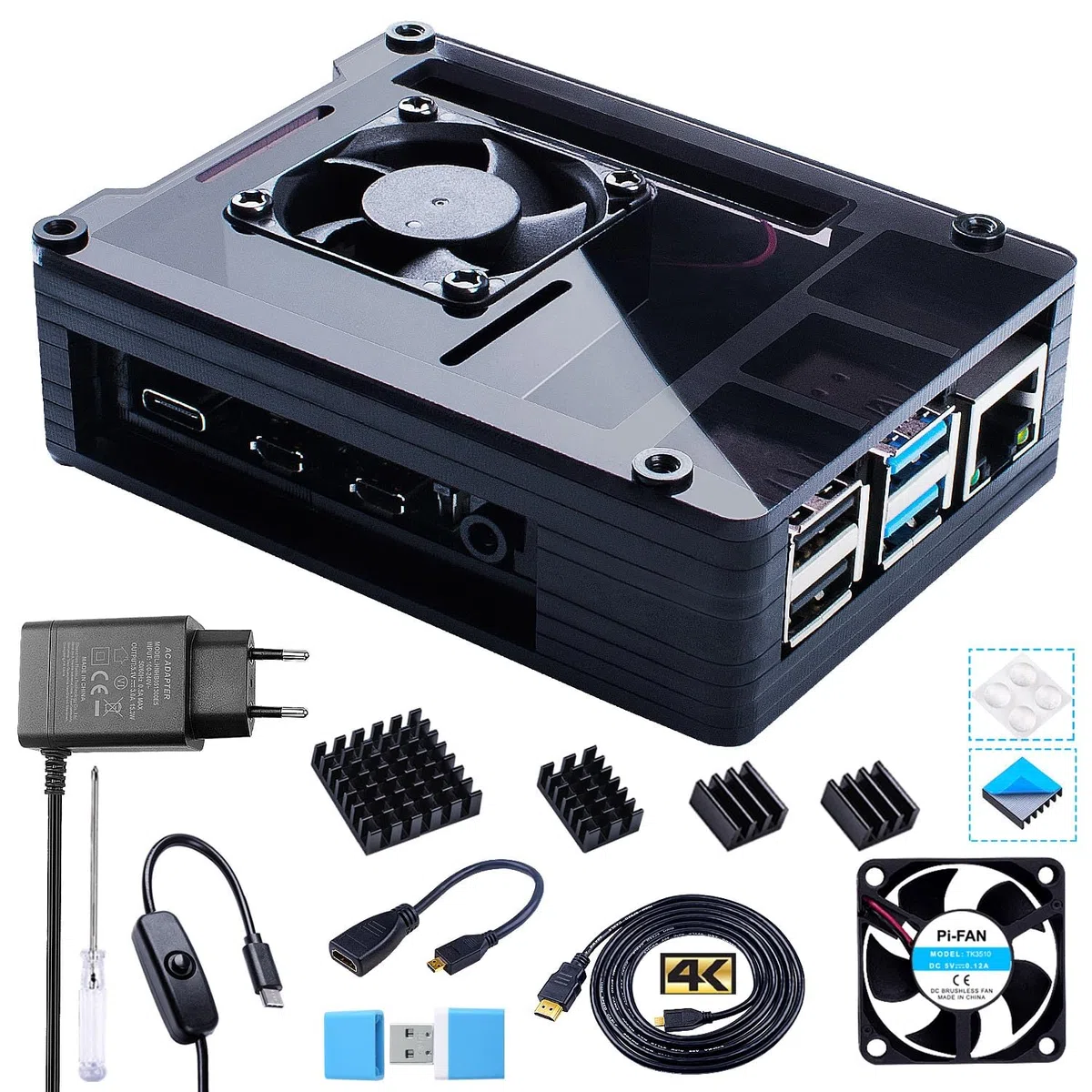 Case per Raspberry Pi 4 con Ventola, 5.1V 3A USB-C Alimentatore, 4 Dissipatore, 1.8M Micro-HDMI Cavo, USB Lettore di Schede, Micro HDMI to HDMI Adattatore per Raspberry Pi 4 Modello B