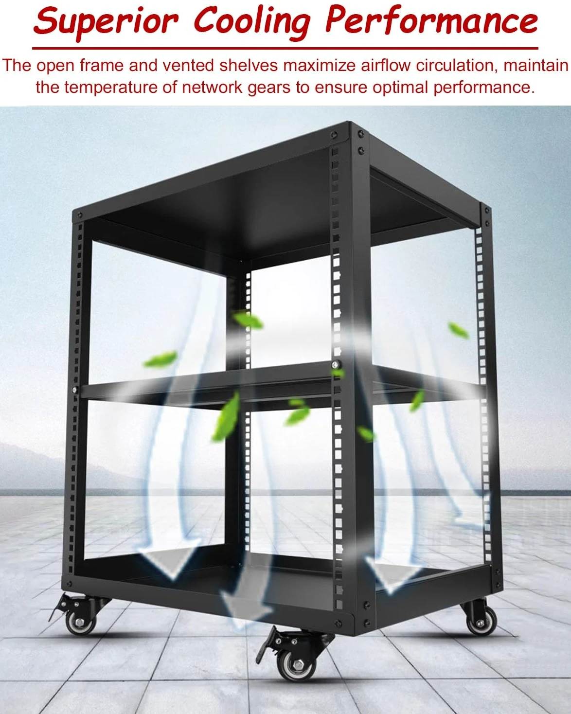 Vibeo Rack di Rete a Telaio Aperto Rack per Server Ventilato con Ripiani e 4 Ruote, Rack di Rete a Telaio Aperto 12U 16U 20U, Sistema Rack Audio per Apparecchiature di Rete da 48 cm(12U,1 Tier)