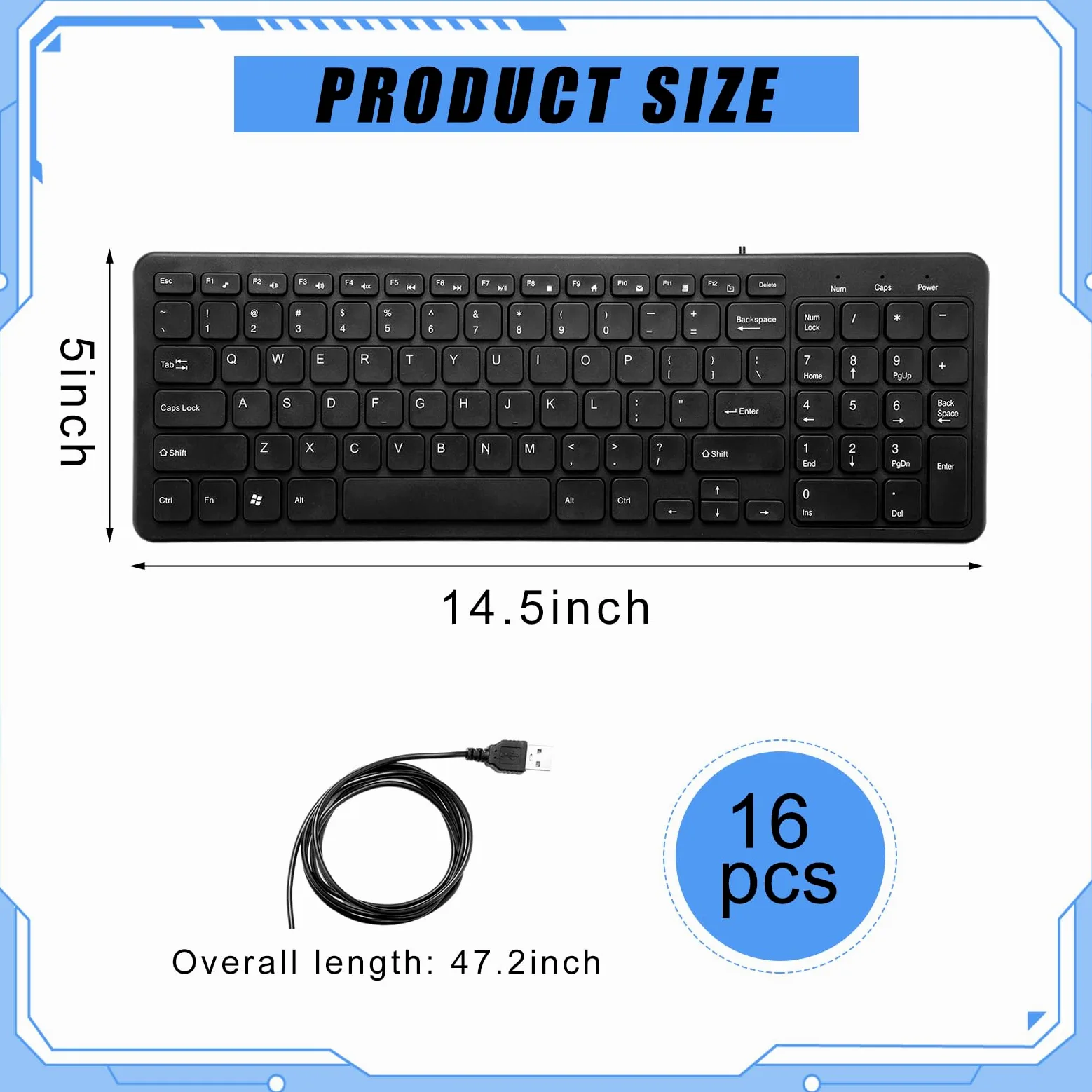 Kanayu 16 tastiere con cavo, sottile, a basso profilo, USB, connettività, tastiere per computer, compatibile con PC/laptop/Windows, colore nero