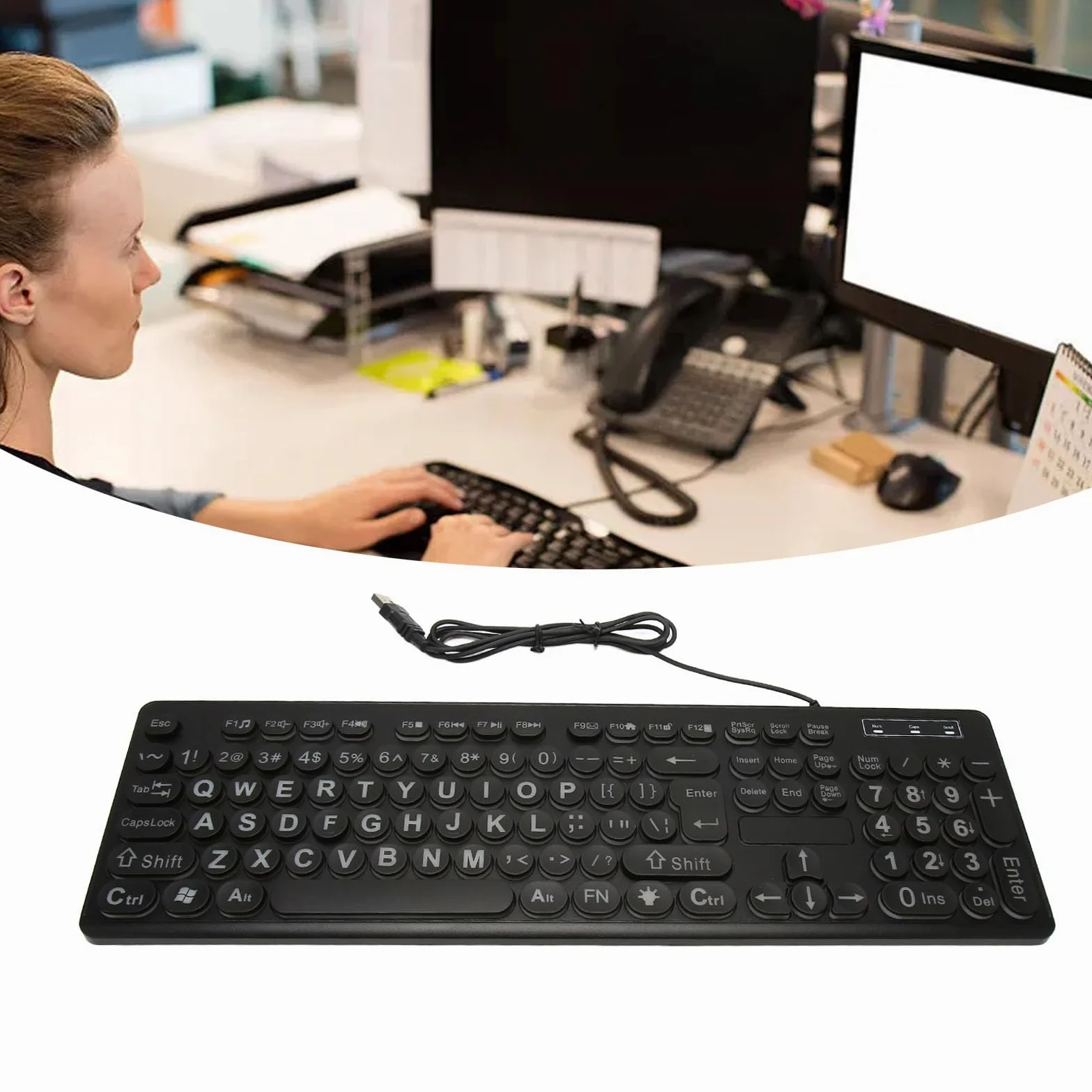 Fockety Tastiera retroilluminata a Stampa Grande, Tastiera USB cablata per Computer a 104 Tasti, Tasti a Lettere sovradimensionate Facili da Vedere e digitare per ipovedenti e Anziani