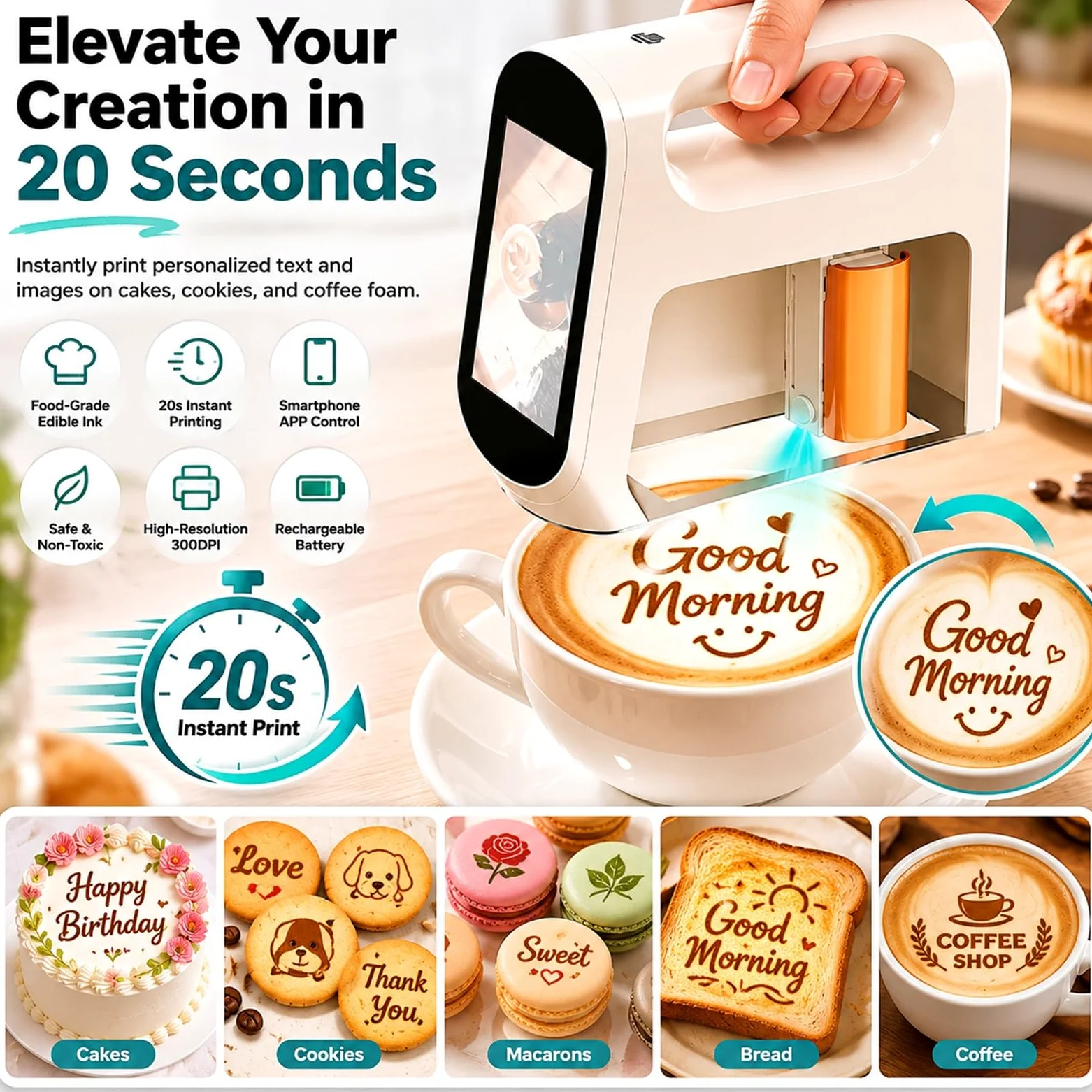 Stampante Alimentare Portatile per Torte e Biscotti, Stampante Foto Edibile con Inchiostro, Mini Macchina Caffè Latte Art per Pasticceria e Bevande(Black)