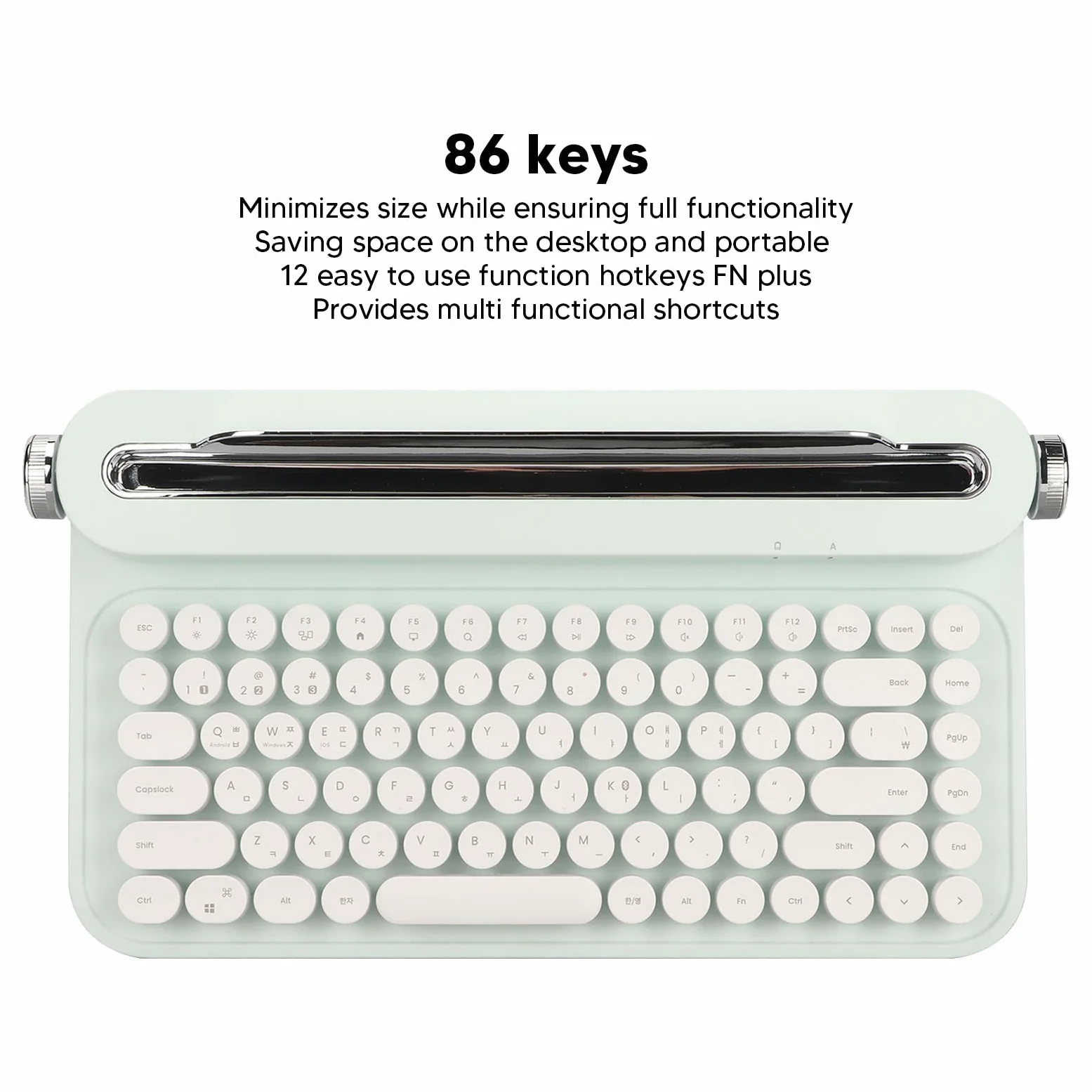 Dpofirs Tastiera da scrivere retrò, 86 tasti, tastiera Bluetooth vintage, tastiera portatile senza fili con supporto integrato per Windows per iOS (verde menta)