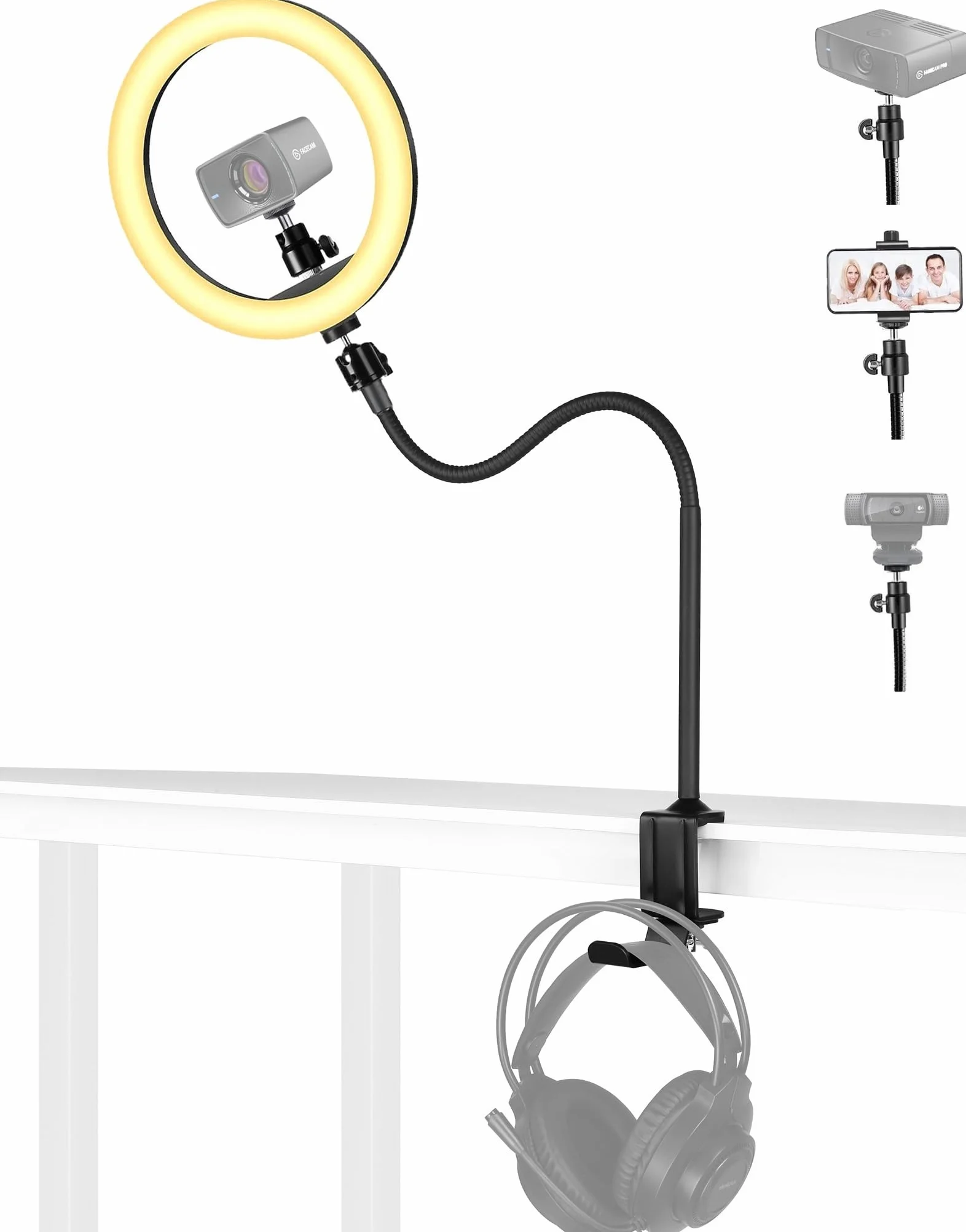 Facecam - Supporto per webcam ad anello, braccio pieghevole da 61 cm e luce per selfie da 26 cm, con gancio per cuffie, compatibile con webcam Elgato Facecam, Facecam pro