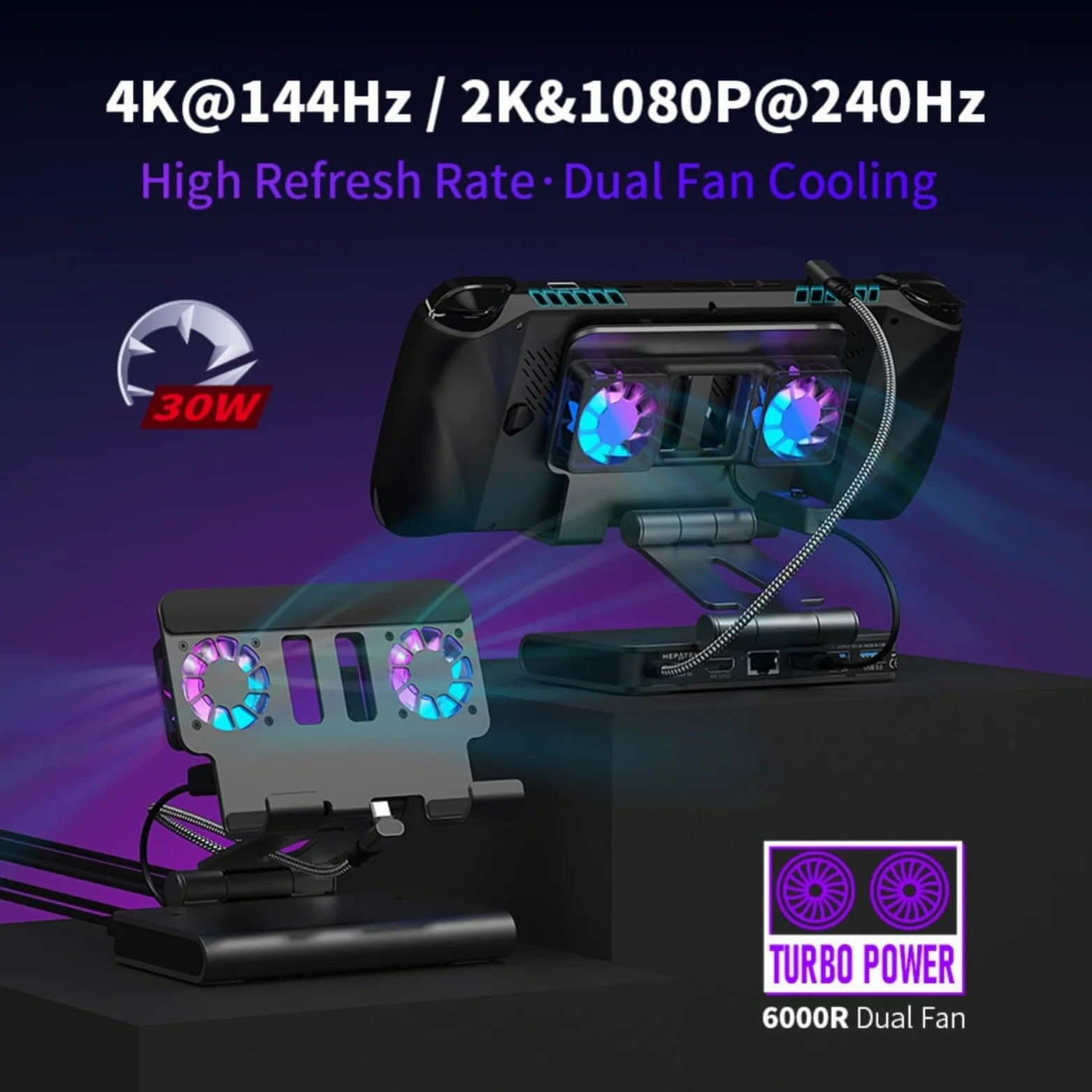 Confezione da 1 docking station di raffreddamento con doppia ventola per Onexplayer Apex per ROG Ally-X Steam Deck, hub USB Gigabit Ethernet 4K a 60Hz, supporto regolabile per giochi (grigio