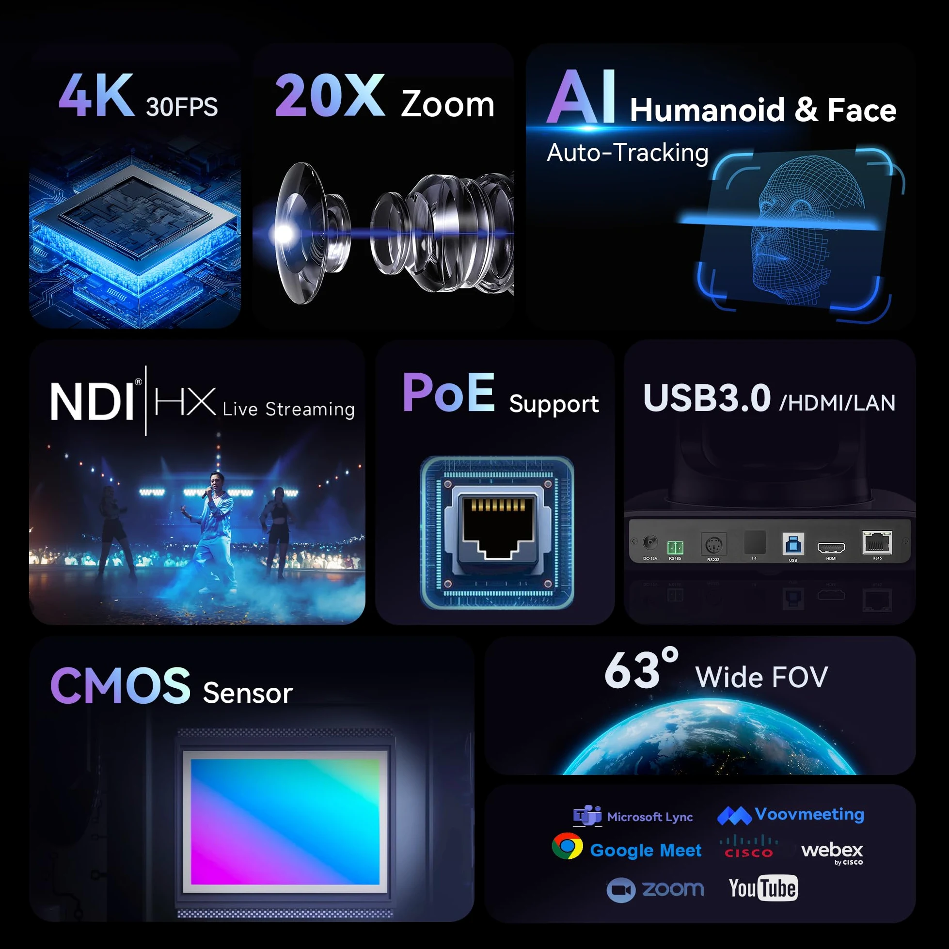 Tenveo Telecamera PTZ NDI 4K con AI Auto-Tracking, Zoom Ottico 20x, USB3.0/HDMI/LAN PoE Camera PTZ NDI per IP Live Streaming Chiesa Videoconferenze Eventi YouTube OBS vMix Livestream