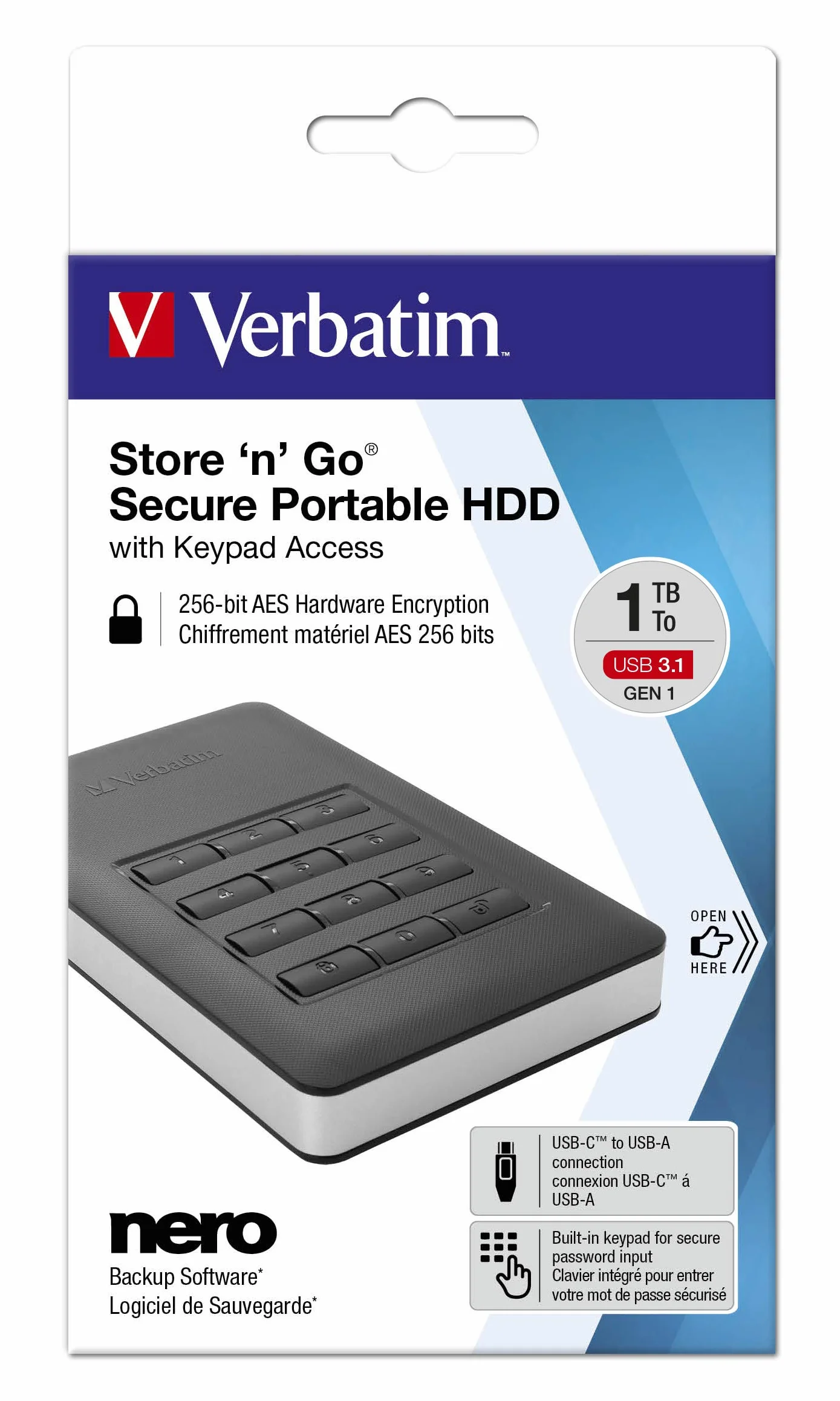 Disco rigido esterno Verbatim Store 'n' Go Secure Portable I da 2 TB I Black I con Code Access I USB 3.2 GEN 1 I Disco rigido esterno I per Windows e MacOSX I Disco rigido portatile I Disco rigido USB