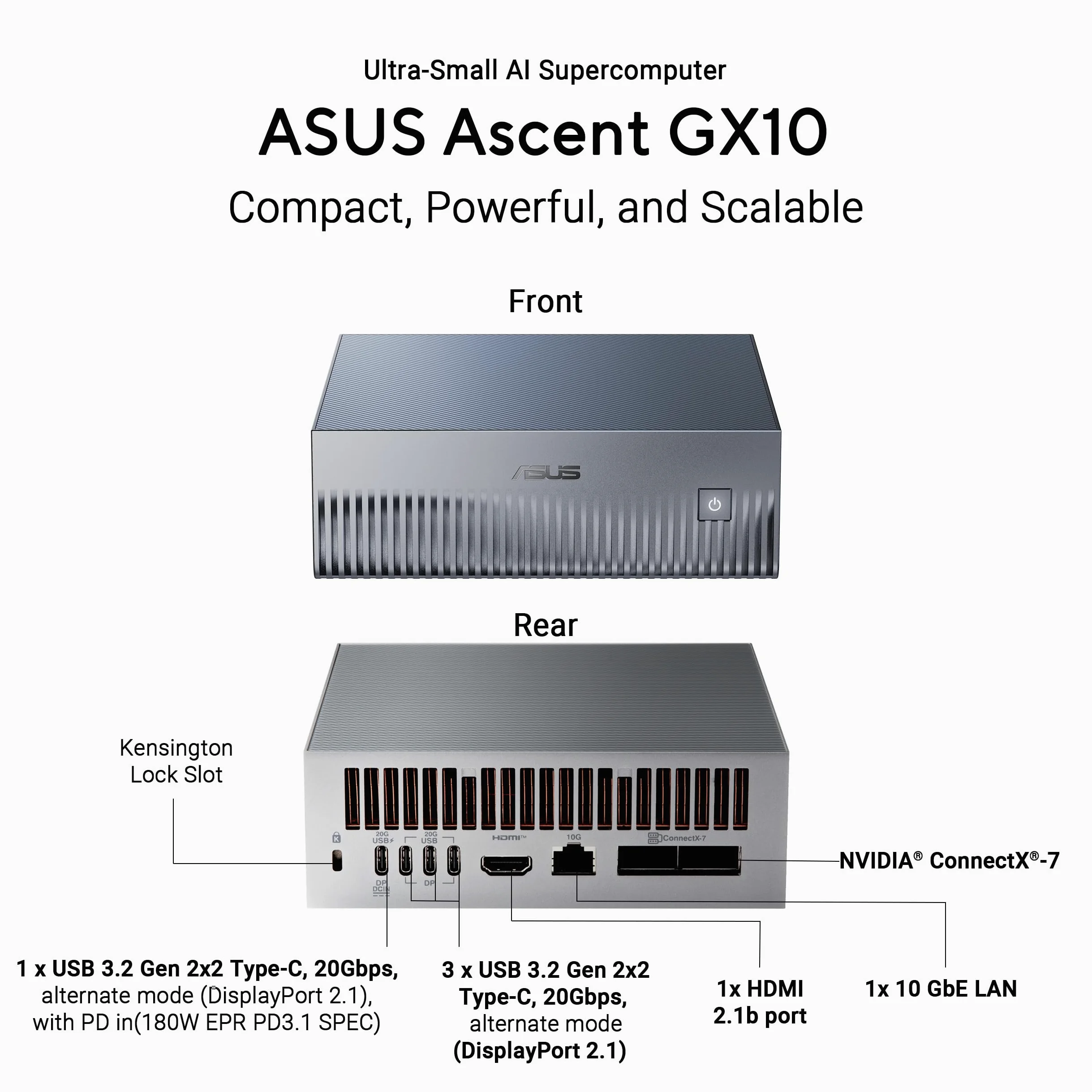 ASUS GX10, Computer AI Desktop, Superchip NVIDIA GB10 e NVIDIA DGX, 128GB LPDDR5x, 1TB di Memoria Installata, Agentic AI Sacalabile, Versione Tall, Grigio